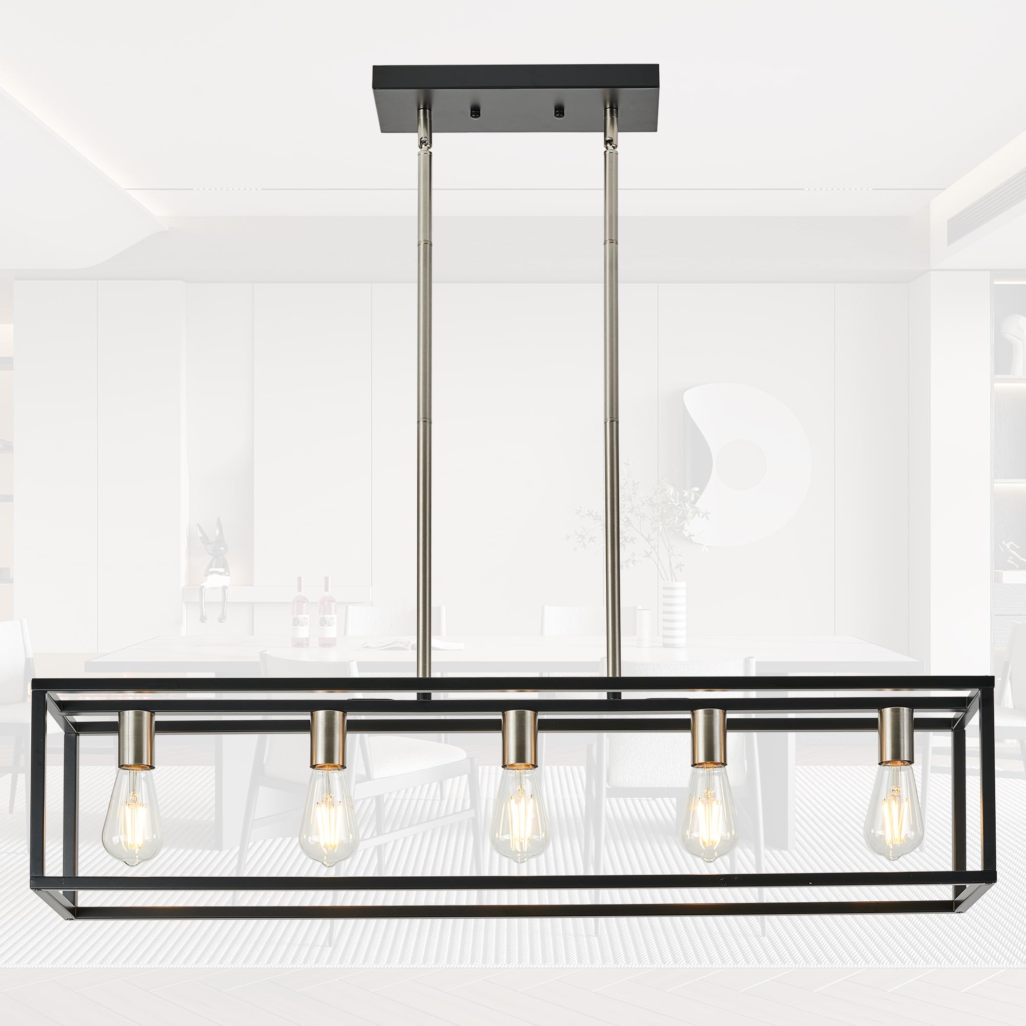 HQZBPT Black&Brushed Nickel Kitchen Island Lighting, Modern Linear Cage Retangular Chandelier, 5 Lights Industrial Metal Hanging