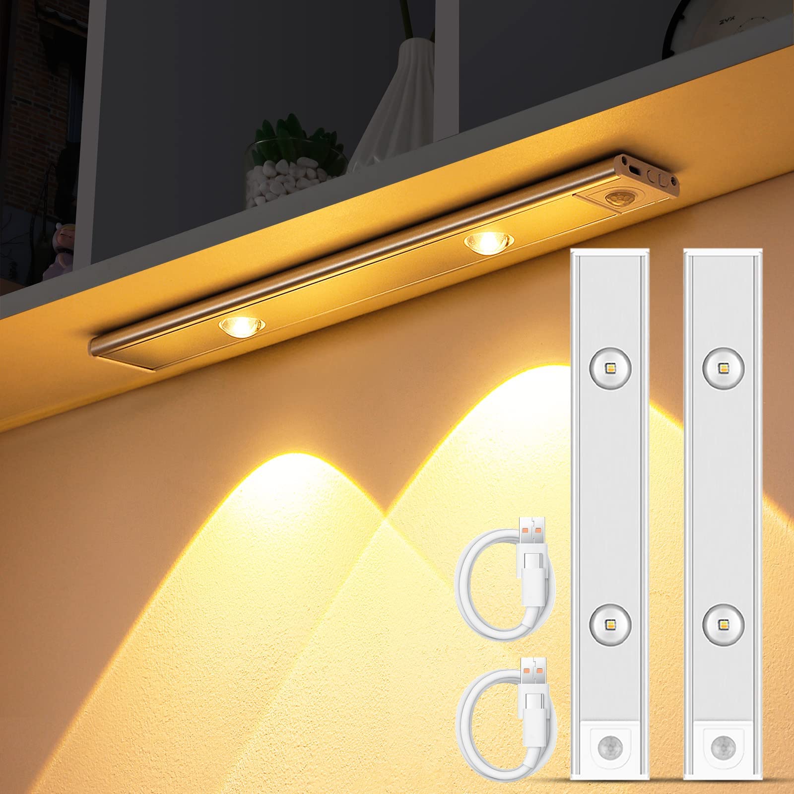 Garto Silver Led Under Cabinet Light 2 Pack - 11.81 Inch Motion Sensor Usb Rechargeable