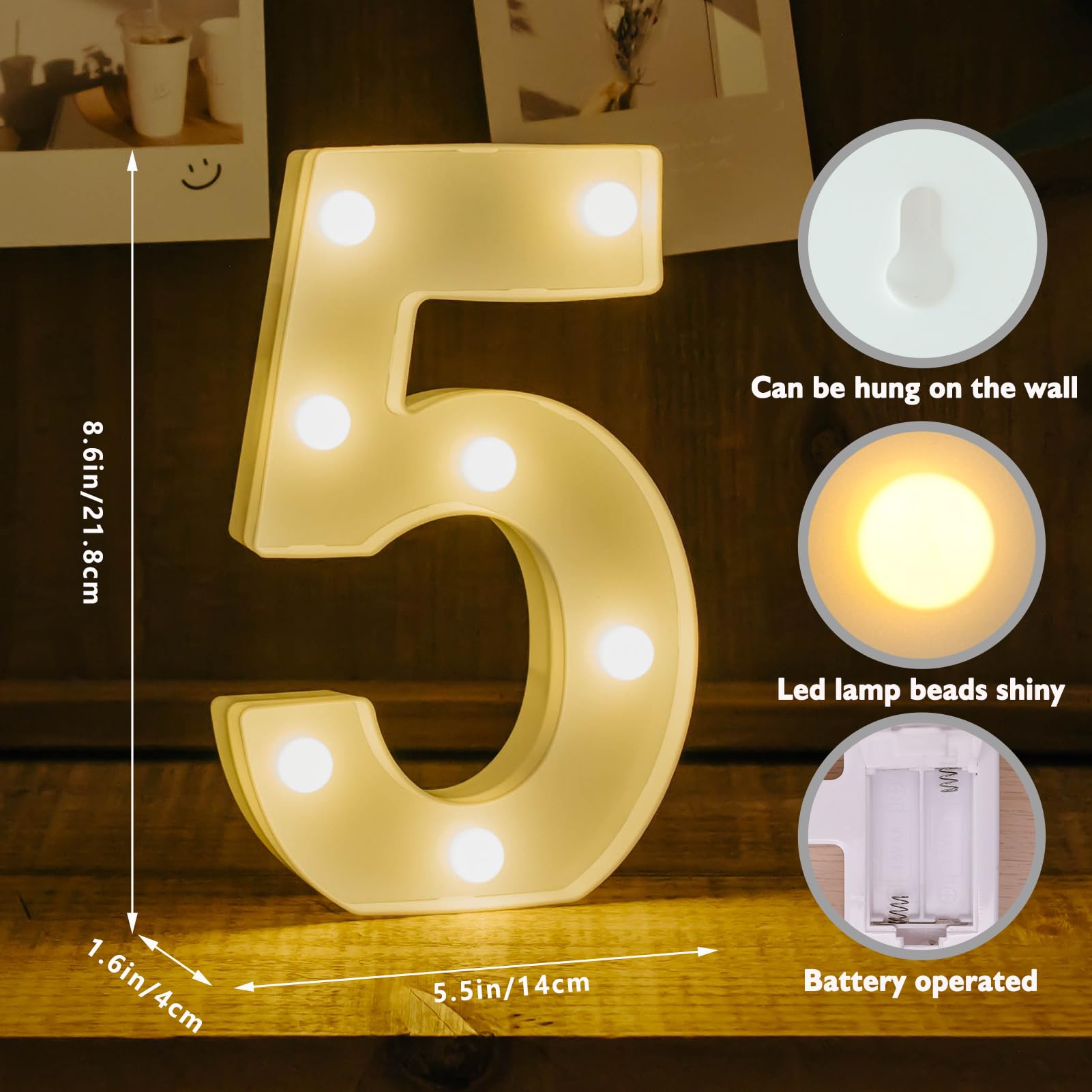 IFDGCTK Light Up Number 5, Battery Powered LED Marquee, Warm Light Plastic Decor for Parties and Home