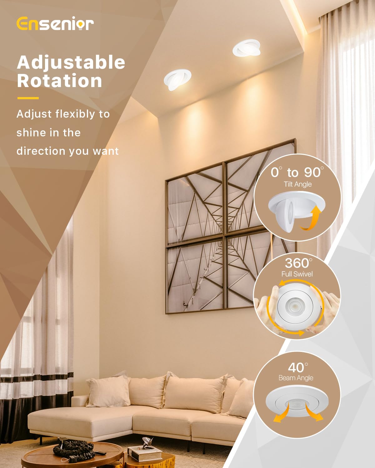 Ensenior 4 Inch Gimbal LED Recessed Light, 90° Adjustable, Dimmable, 900LM, 4 Pack, FCC Certified, 2700K-5000