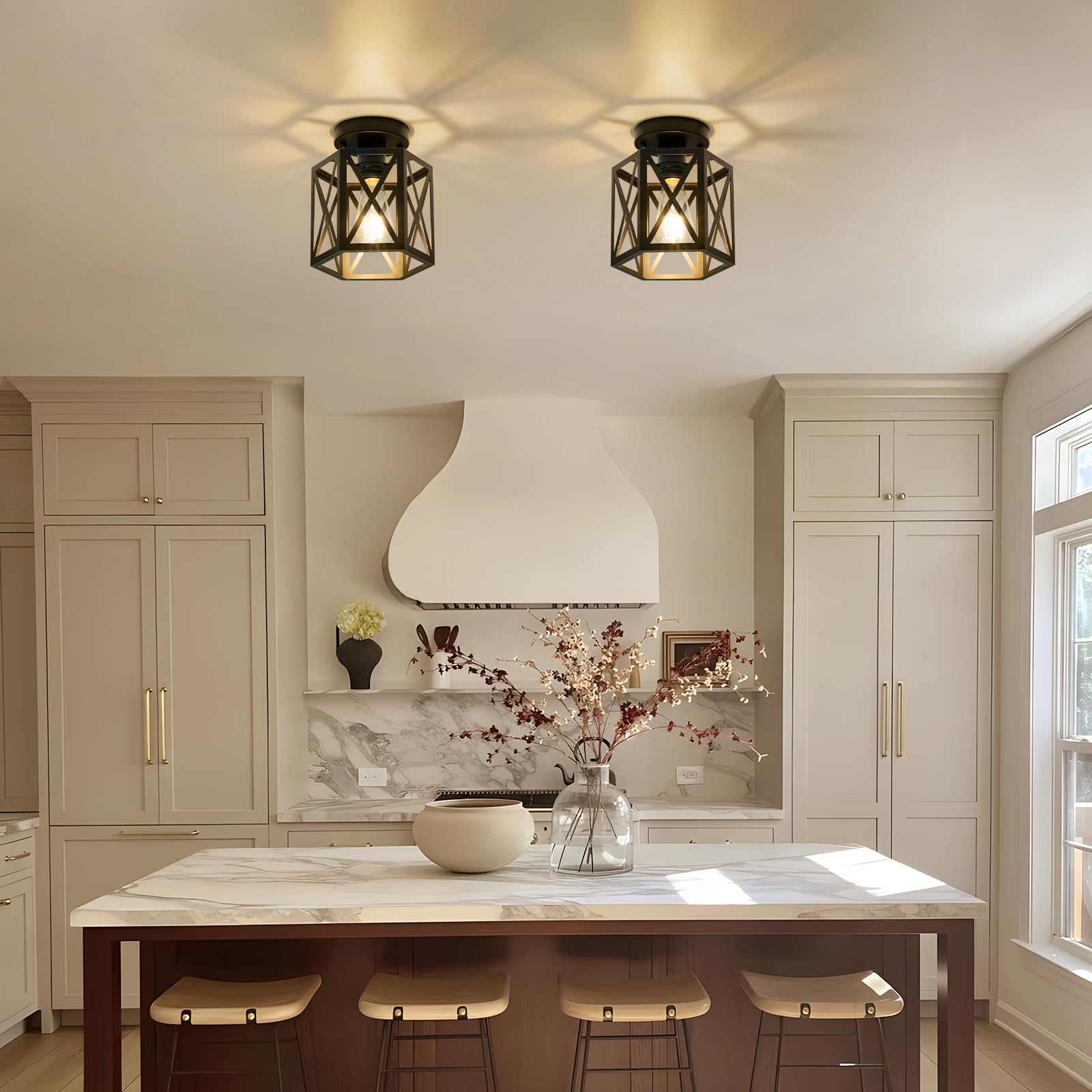 Oteedo 2 Pack Modern Semi Flush Mount Ceiling Light Hexagon Flush Mount Ceiling Lights For Dining Room Light Fixture Farmhouse Black Metal Kitchen Island Lighting Fixtures For Hallway Bathroom