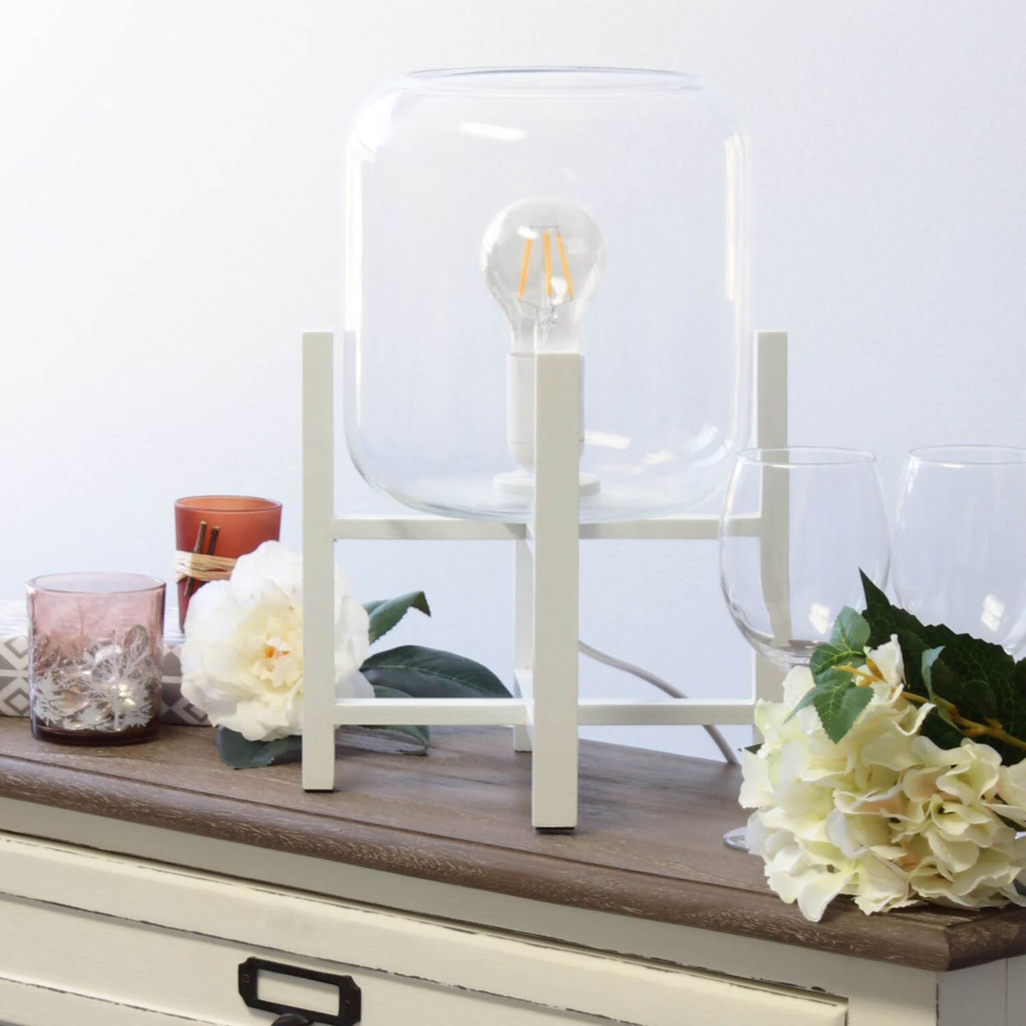 Simple Designs Lt1068-Wht Wood Mounted Glass Cylinder Shade Table Lamp, White/Clear, 9 X 9 X 13.38
