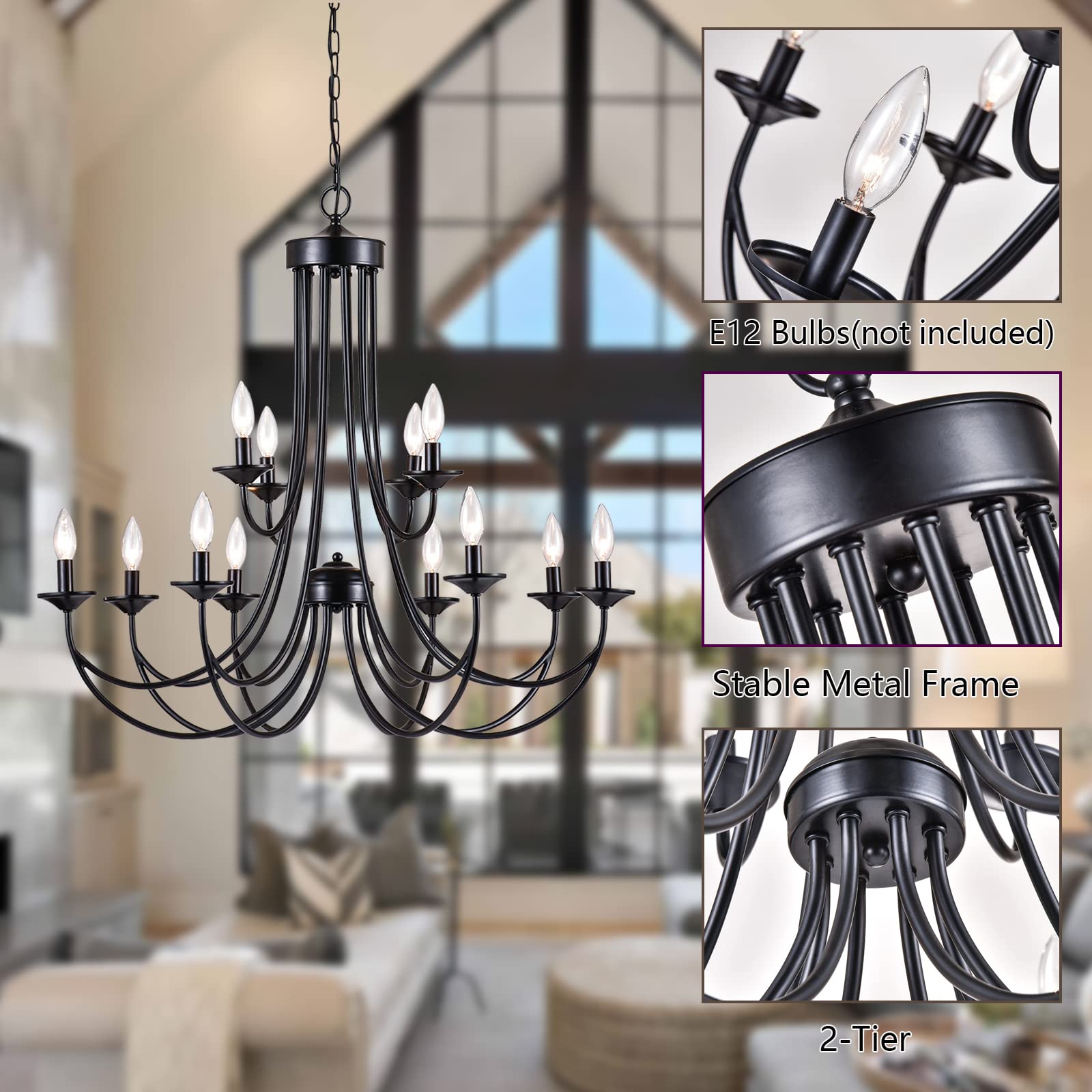 Maxax 12-Light Farmhouse Candle Chandelier, Rustic Black Wrought Iron Pendant Light For Living Room