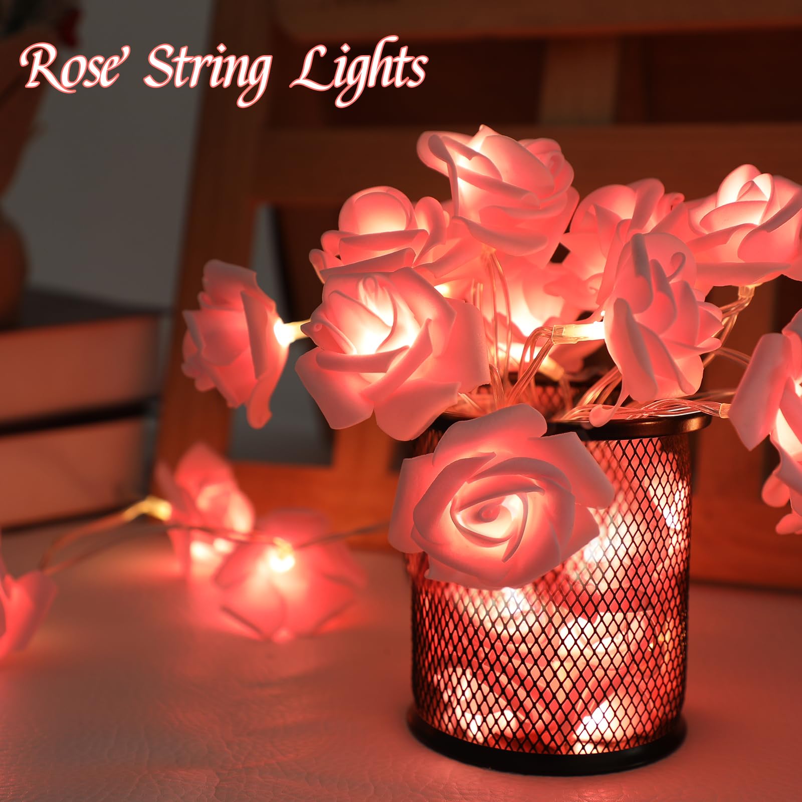 CCINEE 9.8Ft Pink LED Rose Flower String Lights?30 LED Flower Fairy String Lights Battery Operated Artificial Flowers Garland Li
