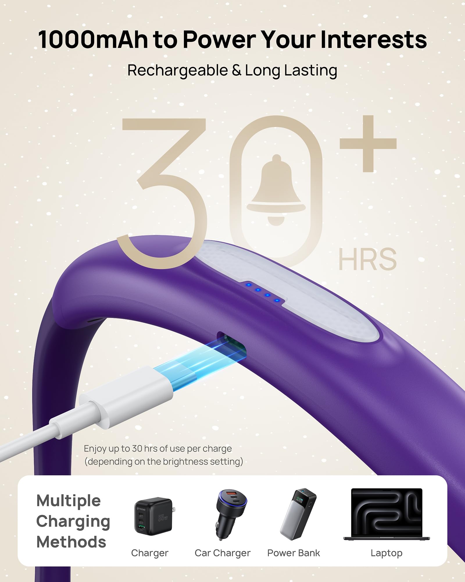TROND LED Neck Reading Light, 3 Color Modes, 3 Brightness Levels, Rechargeable, Flexible, Violet Purple, Model TD-RL01