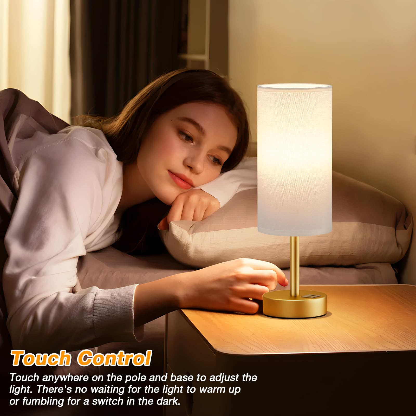 Dicoool Small Touch Bedside Lamp - 3 Way Dimmable, 14in Touch Control, White & Gold, Model 19-5