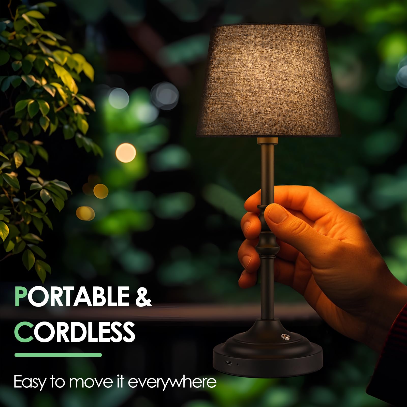 Ggoying Set Of 2 Rechargeable Cordless Led Table Lamps, 4-Level Dimmer, Black Portable Desk Lamps With Black Fabric Shades, Nigh