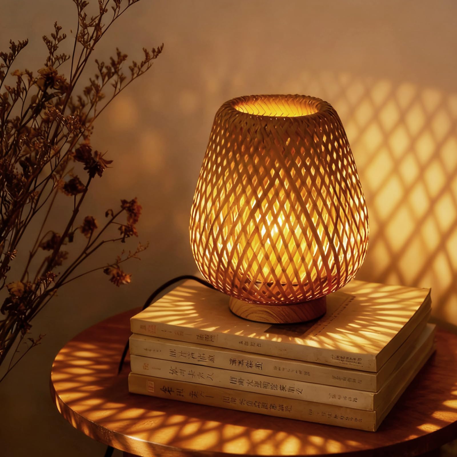 URLIGHTS Table Lamp with Double Layer Woven Shade Wood Base,Desk Bedside Small Lamps with 6ft Power Cord, 110V Plug, Dimmable E2