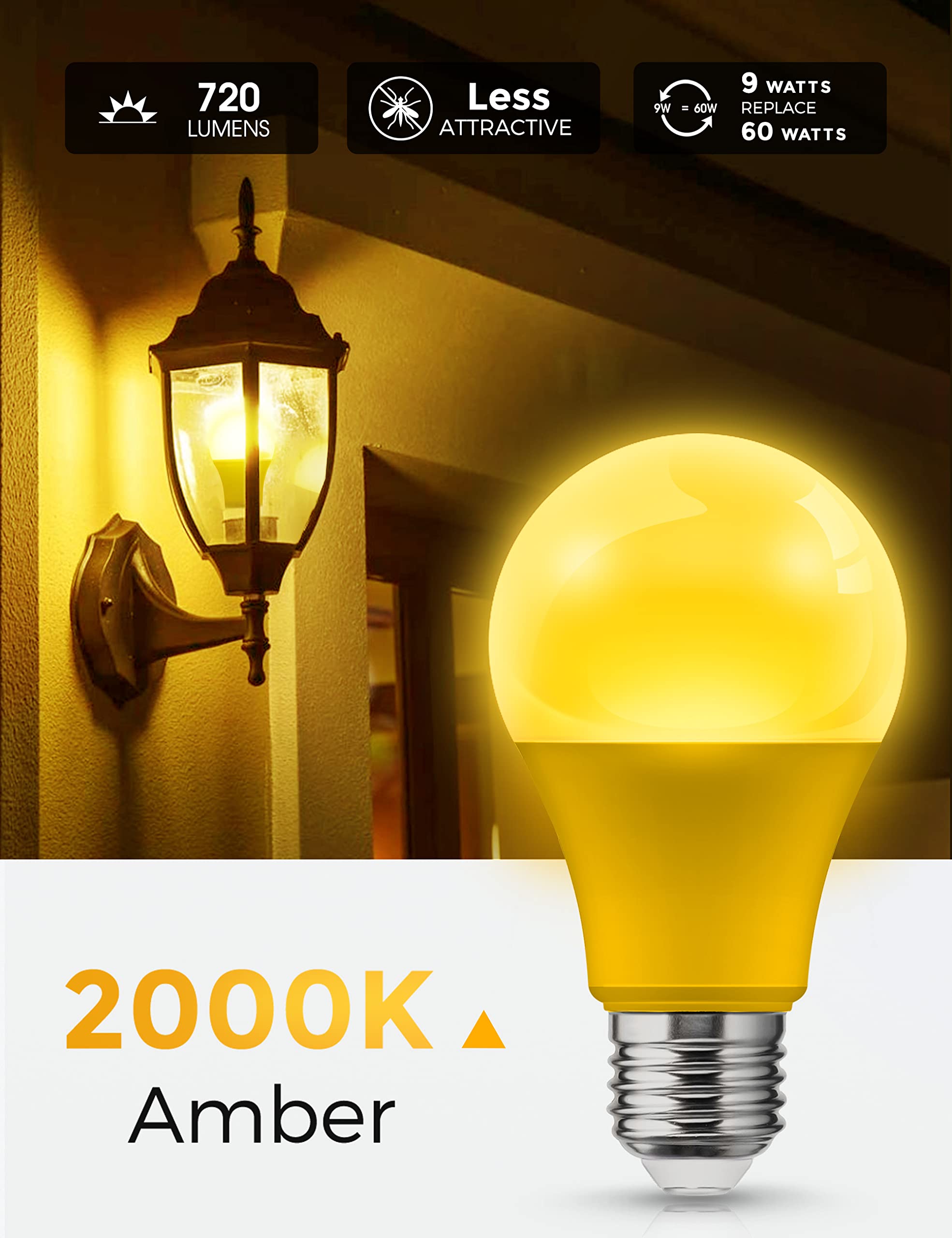 L LOHAS LED Bug Light Bulbs, A19 9W, 2000K Amber, E26 Base, Non-Dimmable, 2 Pack, Yellow