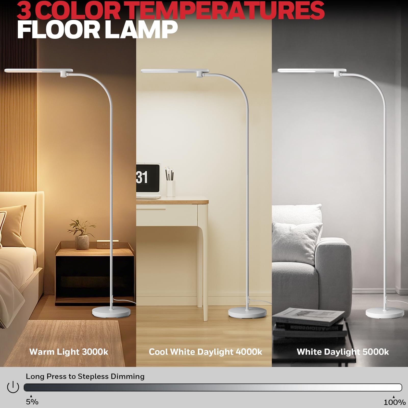Honeywell LED Floor Lamp - F4 Sunturalux™ Gooseneck, Super Bright, Dimmable, Modern Design, White, Iron Material