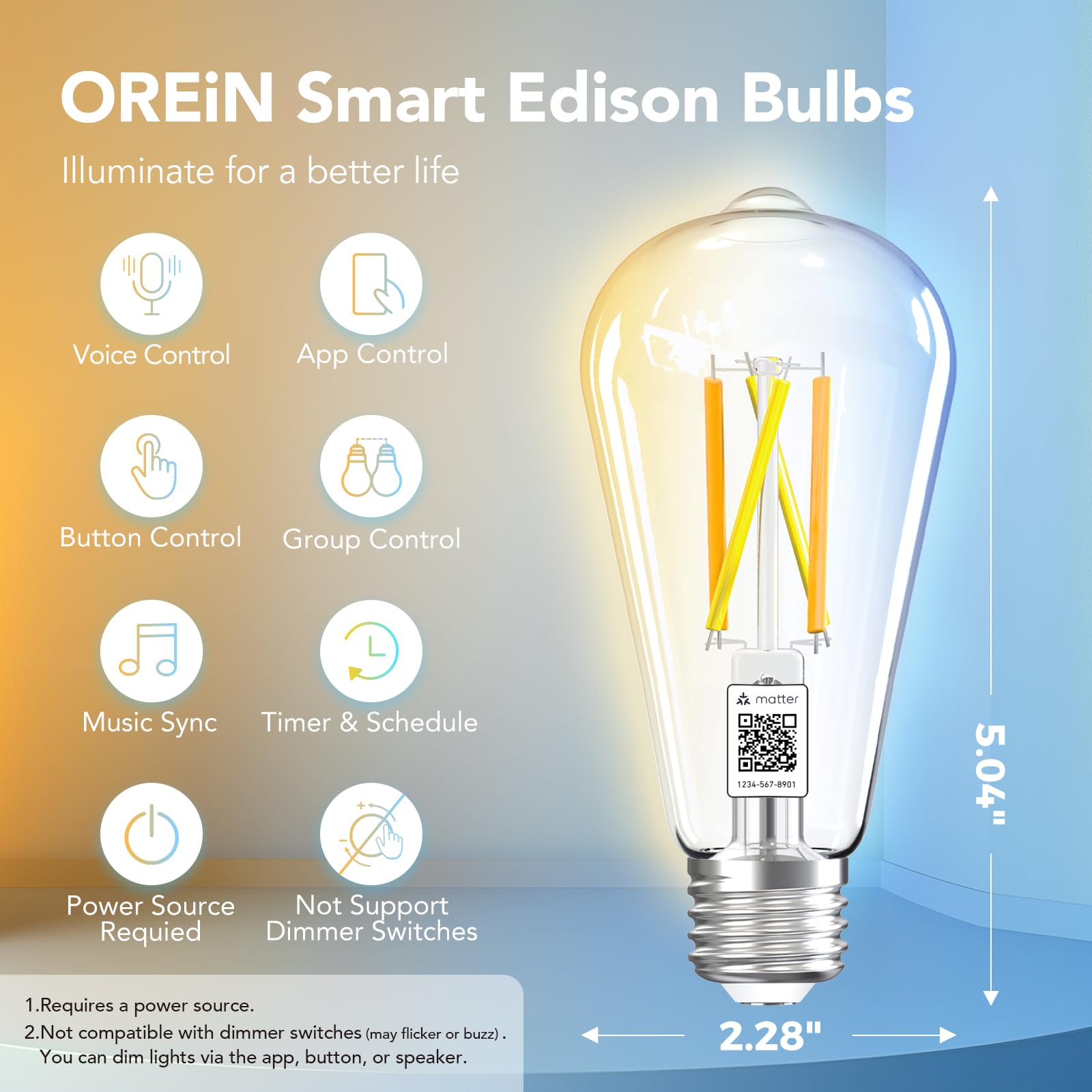 Orein Matter Smart Light Bulb, St19(58) Smart Edison Bulbs With Remote Control Work With Apple Home, Alexa, Google Home, Smartth