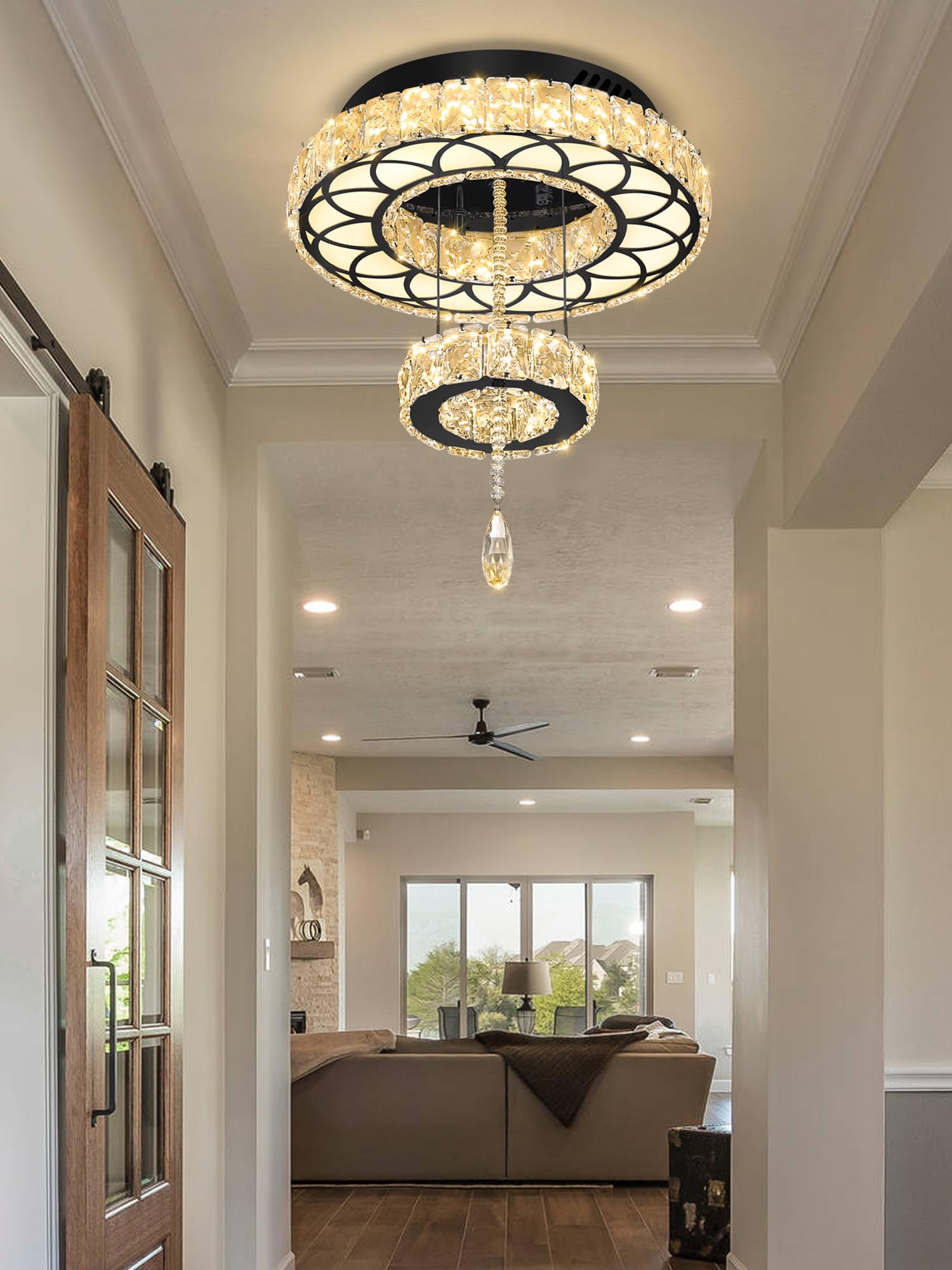 Flashing God Dia 12'' Crystal Mini Chandelier Crystal Black Ceiling Light Fixtures Led Flush Mount Ceiling Light For Living Room