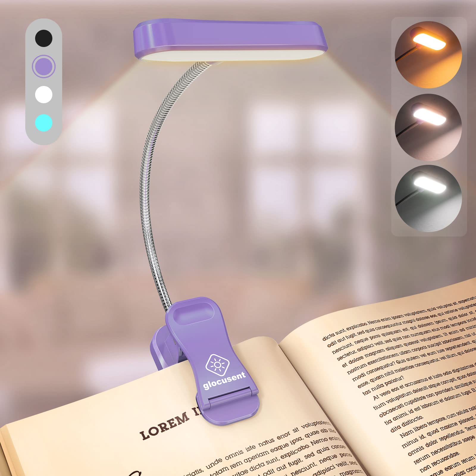 Glocusent ET-Head Book Light, Rechargeable, 5 Brightness Levels, CRI 95, Purple, Lightweight, Model A18