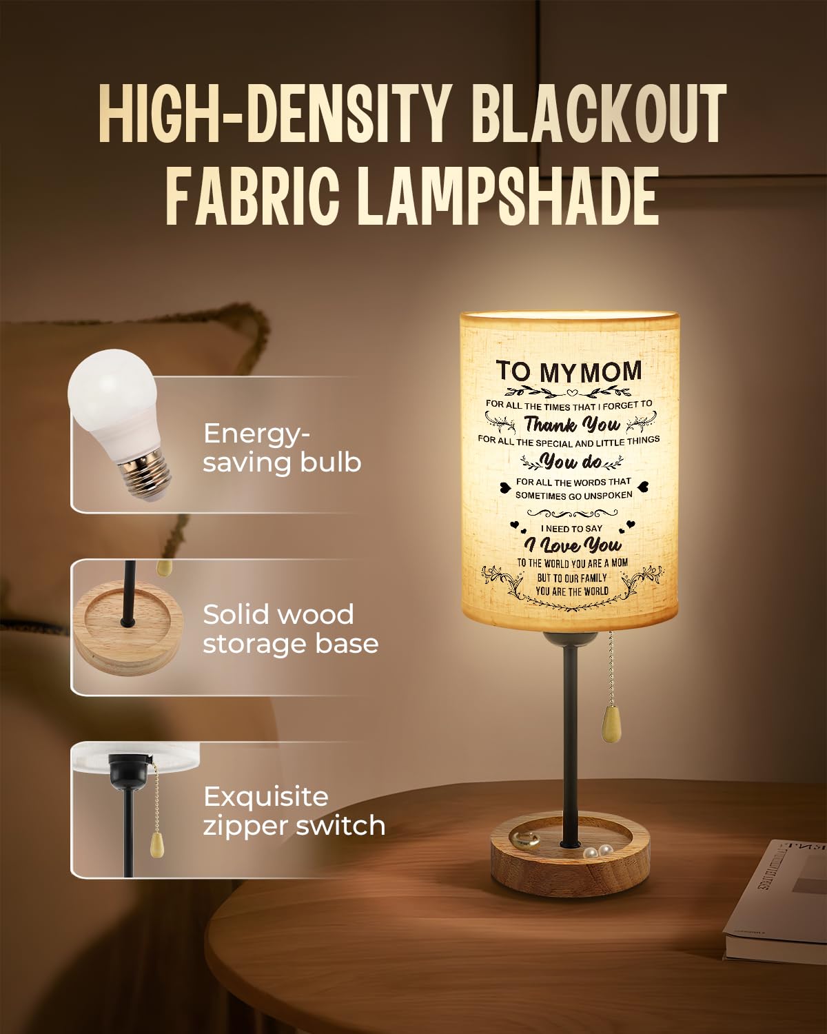 Calibron Gifts For Mom From Daughter Son Linen Fabric Wooden Table Lamp,Mom Birthday Gifts Bedroom Lamp, Retirement Birthday Gif