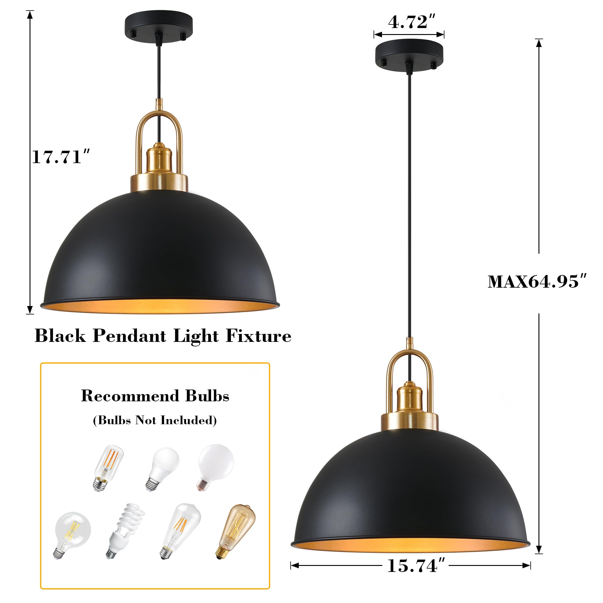 Febeleven Industrial Black Large Pendant Light 15.74'' Matte Finish Metal Light Fixture Farmhouse Hanging Light For Kitchen Isla