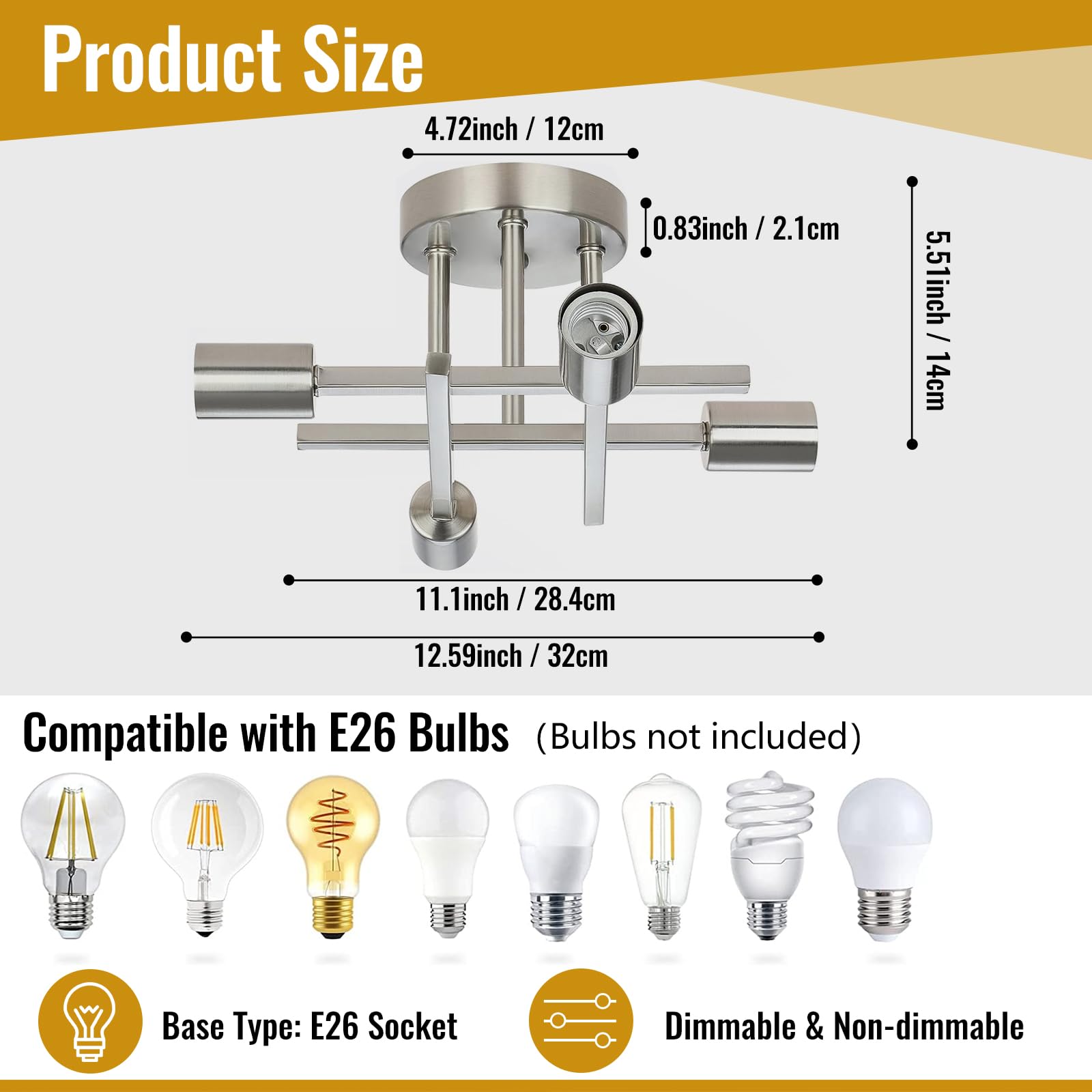 Ceiling Light  Dining Room Light Fixture With E26 Base  Semi Flush Mount Ceiling Light Fixture  Kitchen Lighting Fixtures Ceiling  4-Light Matte Nickle Chandelier For Bedroom