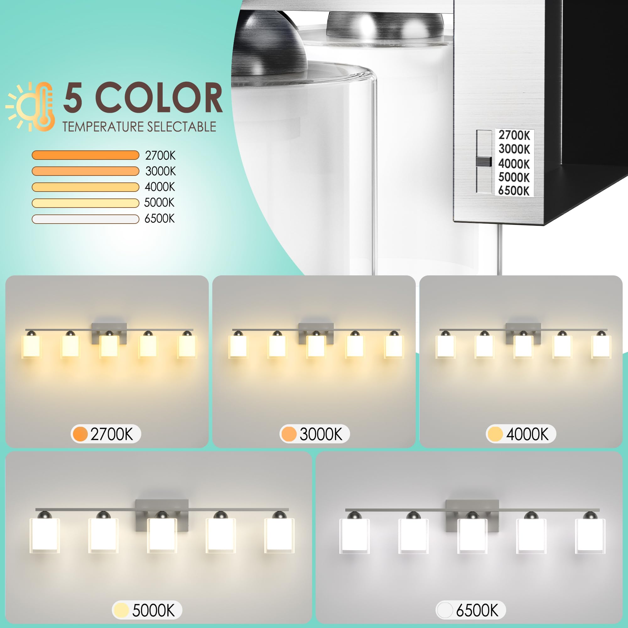 Quntis 5 Light Brushed Nickel Bathroom Light Fixtures  Modern Vanity Lights Over Mirror With 5 Colors & Stepless Dimmable  33 Inch Led Bathroom Lighting With Milk White Frosted Glass (Bulbs Included)