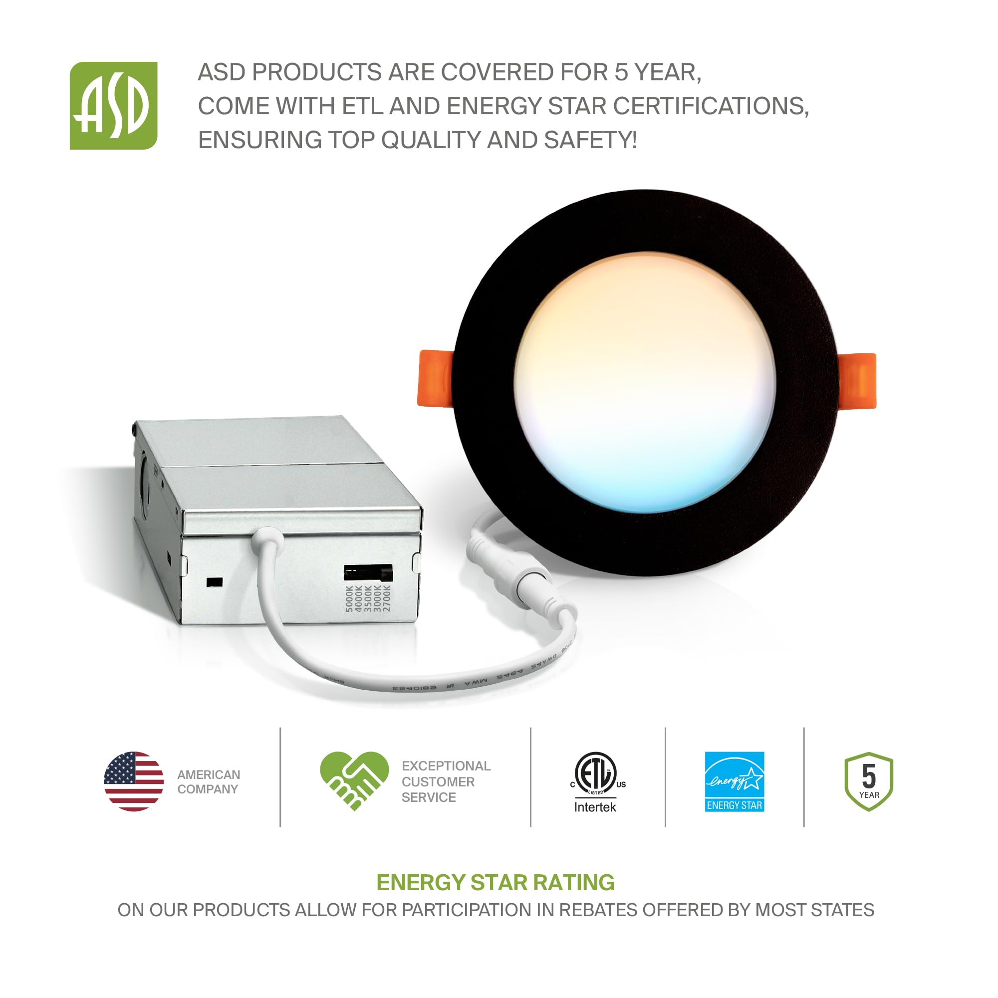 Asd 6 Pack Led Recessed Lighting 4 Inch 9W  5 Cct 2700K-5000K Cri90+  Ic Rated Ultra Thin Dimmable Ceiling Lights With J Box  Canless Wafer Downlight  Round Slim Panel Light  Energy Star Etl  Black