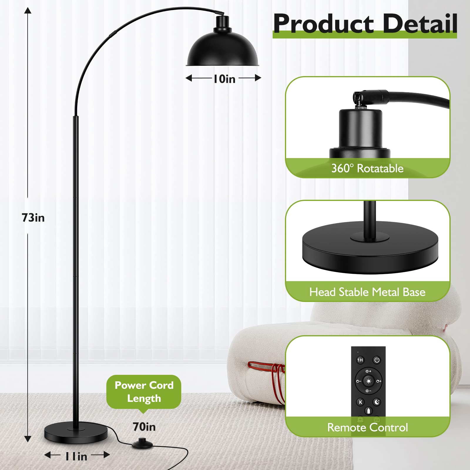 Arc Floor Lamps For Living Room, Modern Tall Standing Lamp Remote Control,Stepless Dimmable Black Floor Lamp With Hanging Dome Shade, Over Couch Arched Reading Lamp For Bedroom (Bulb Included)