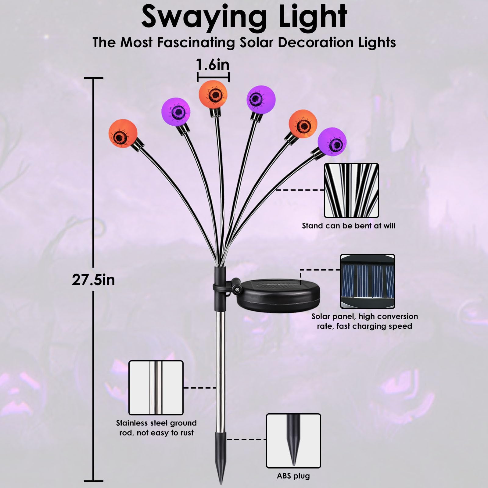 Bossern 6-Pack Solar Eyeball Halloween Lights - Purple & Orange Waterproof Garden Decor