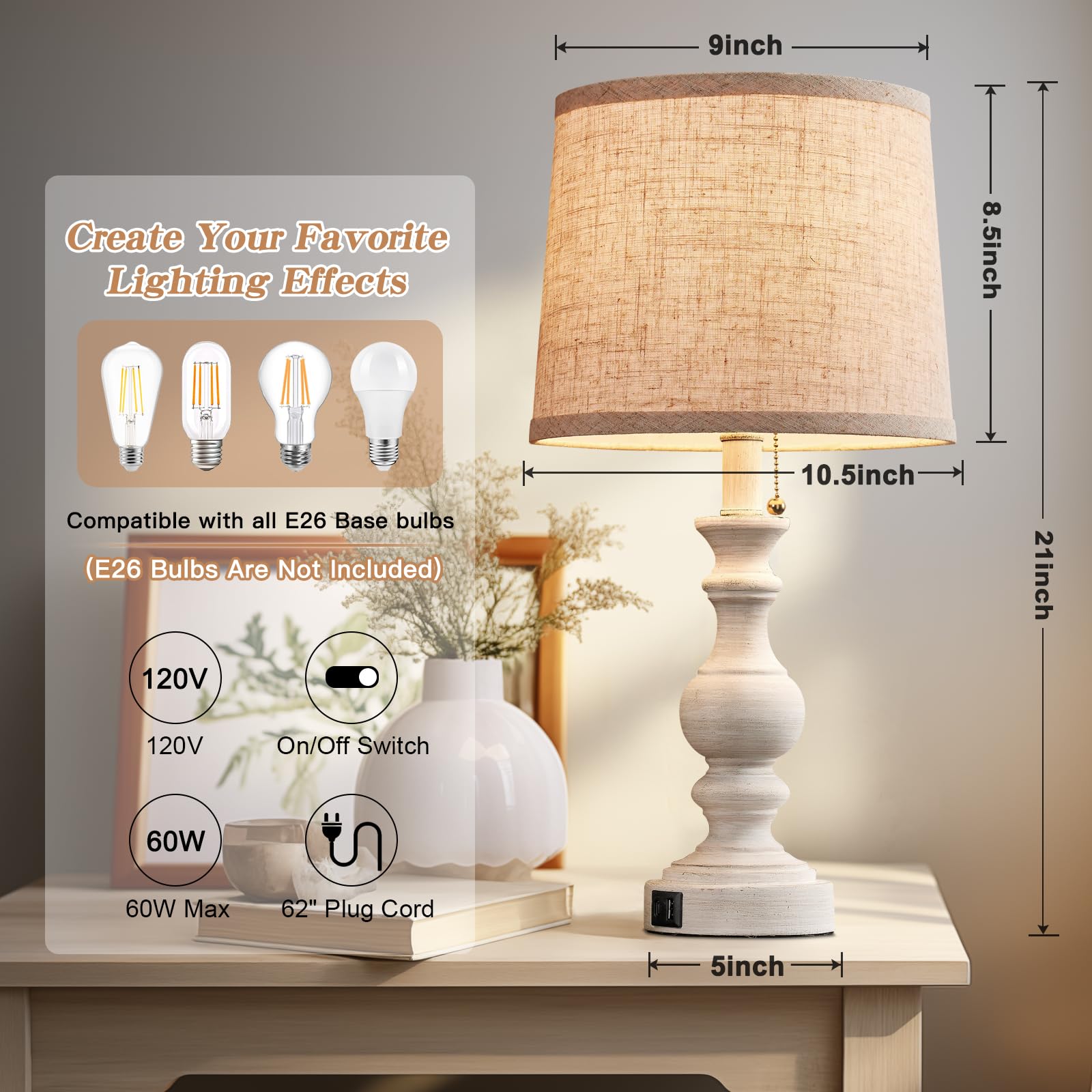 Farmhouse Table Lamps For Bedroom Set Of 2 Bedside Lamps For Nightstand With Usb C+A Charging Ports Traditional Side Table Lamps