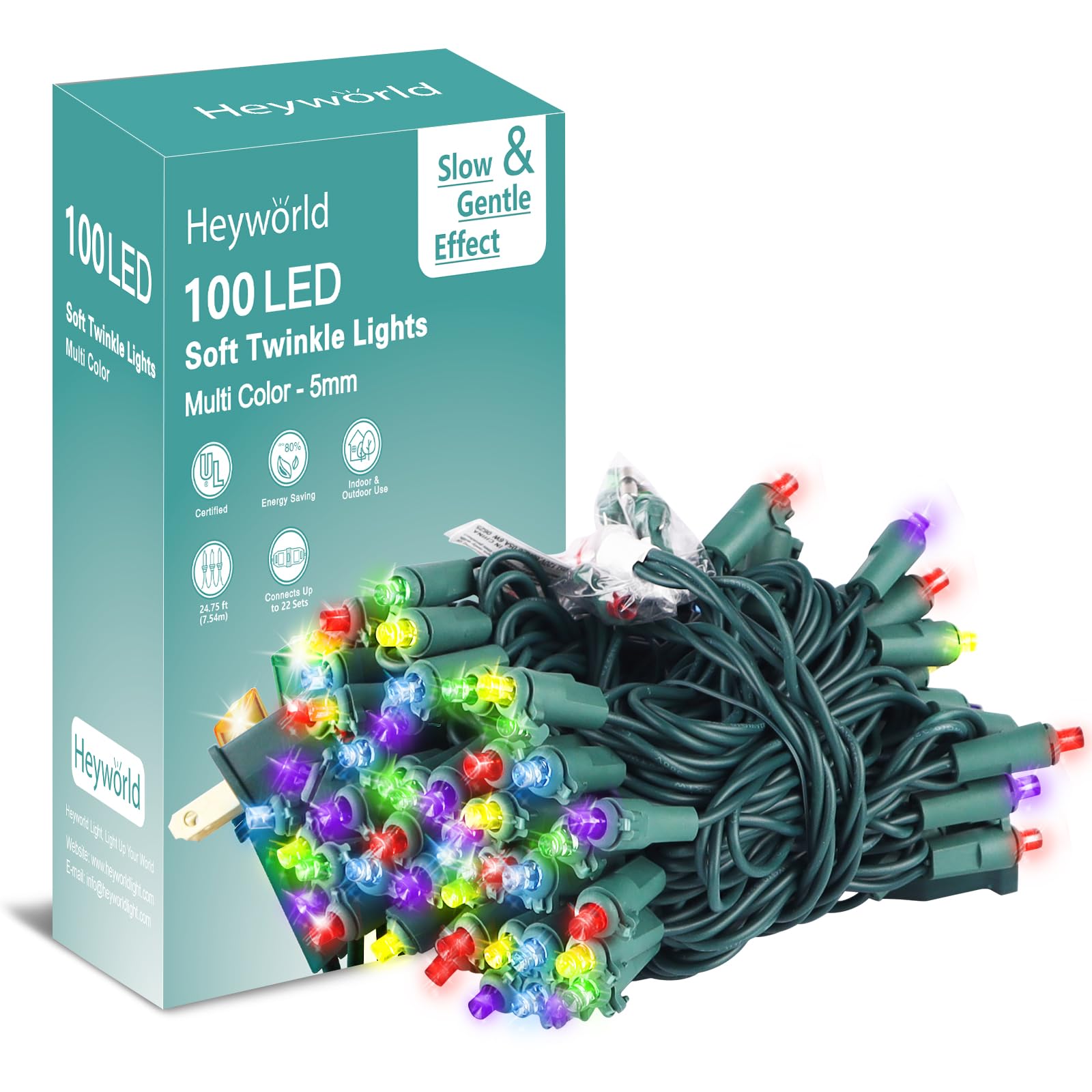 Heyworld Slow Twinkle Christmas Lights, 100 LED 27ft UL Certified Soft String Lights, 5mm Waterproof Fairy Glow for Indoor/Outdo
