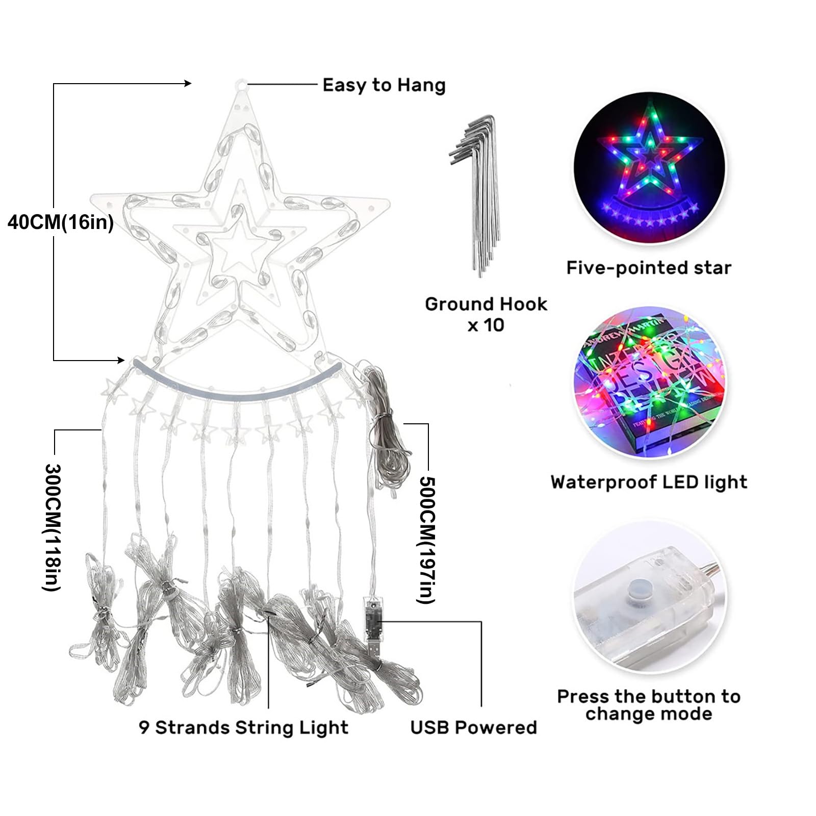 Shinecai 10Ft Rgb Star String Light - 305Led Waterproof Christmas Decor With Remote App Control