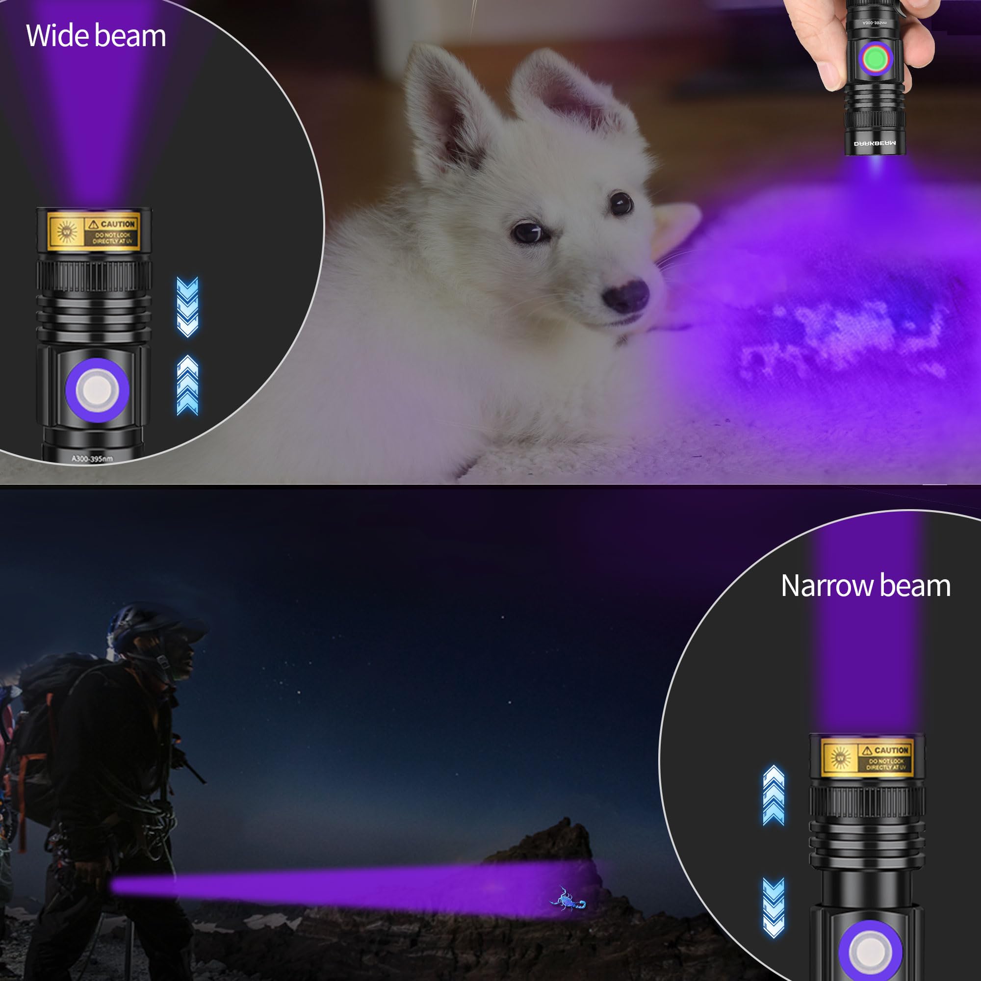 Darkbeam Uv Black Light Flashlight 395Nm - Rechargeable Usb Woods Lamp, Powerful Mini Ultraviolet Led Blacklight Flashlights - R