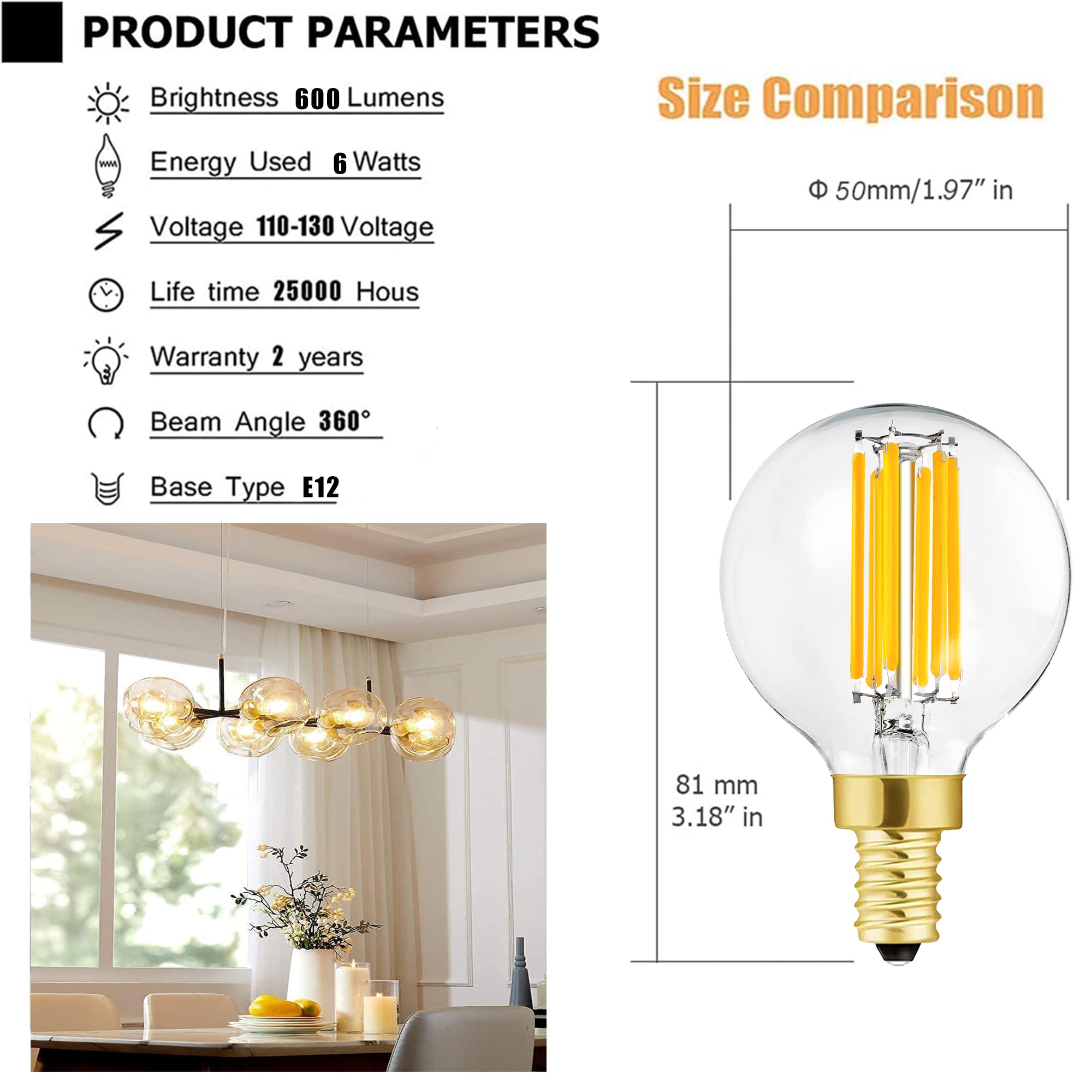 Leools E12 LED Bulb 6W Dimmable Soft White 3000K Globe Light, 12 Count, Glass, Candelabra Bulb for Chandeliers and Ceiling Fans