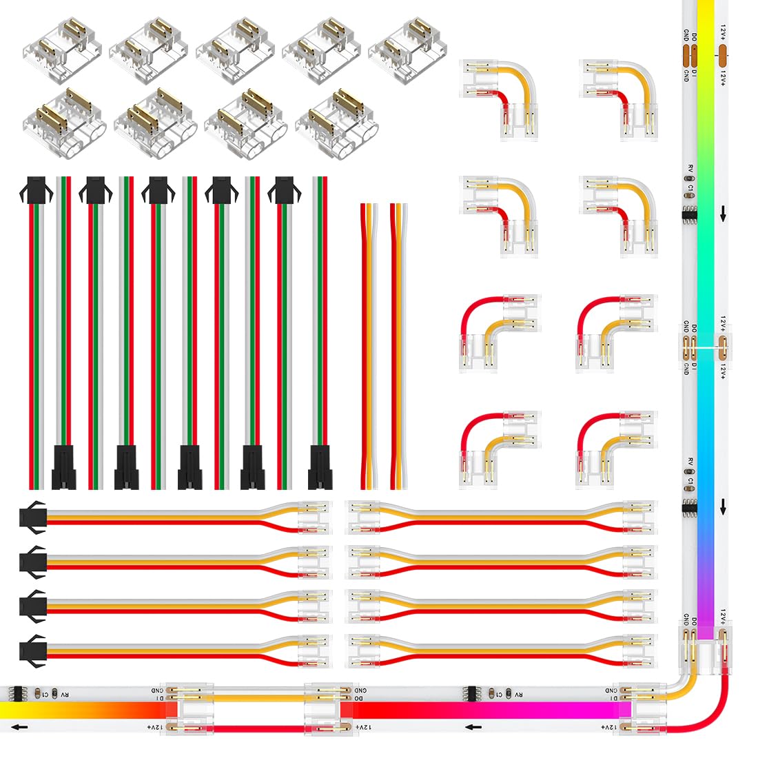 BTF-LIGHTING FCOB COB 10mm 3Pin Connector Kit, L-Shaped, Dual-End, Strip to JST, Wire to Strip, 3Pin JST, Gapless Connector for 