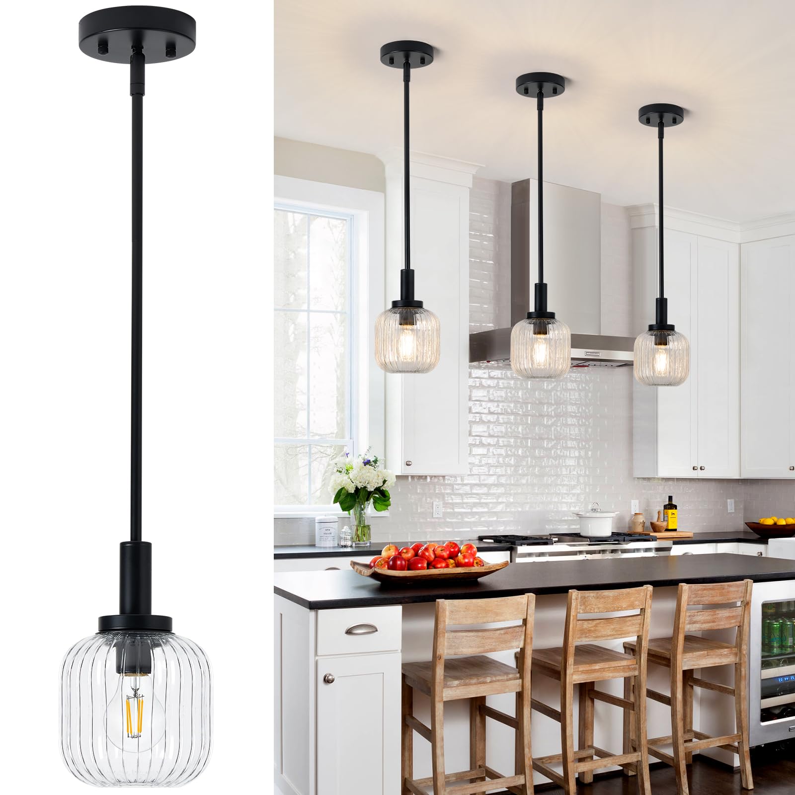 Osimir Glass Pendant Lights Kitchen Island  1-Light 5.9 Black Modern Pendant Light with Clear Glass and Rods  Mini Hanging Lighting for Kitchen Sink Bathroom Bedroom  OS-YQ7749-1PBK