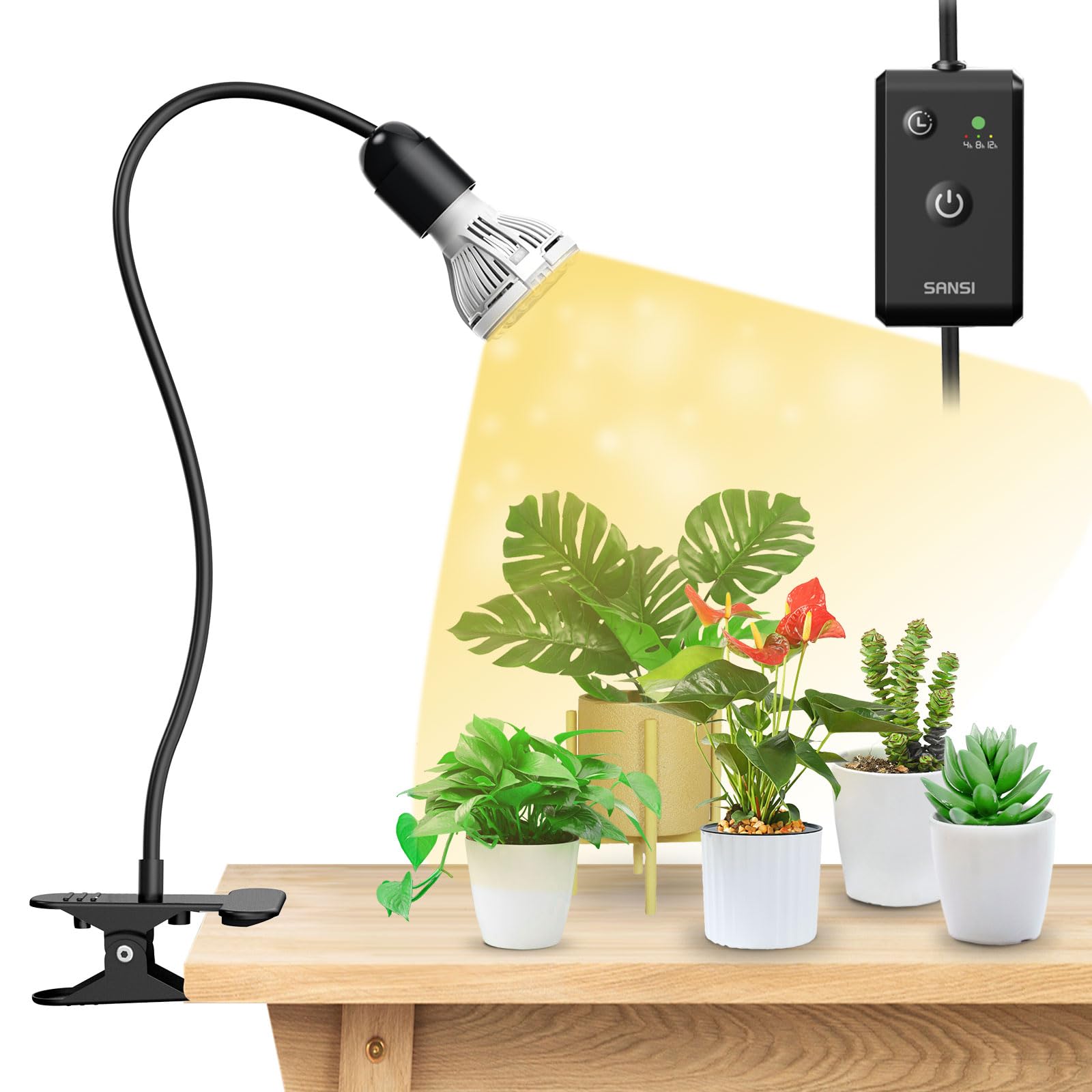 SANSI LED Grow Light 150W Full Spectrum with Gooseneck Clip and Timer, Black, Model C21GL-GE26-10W