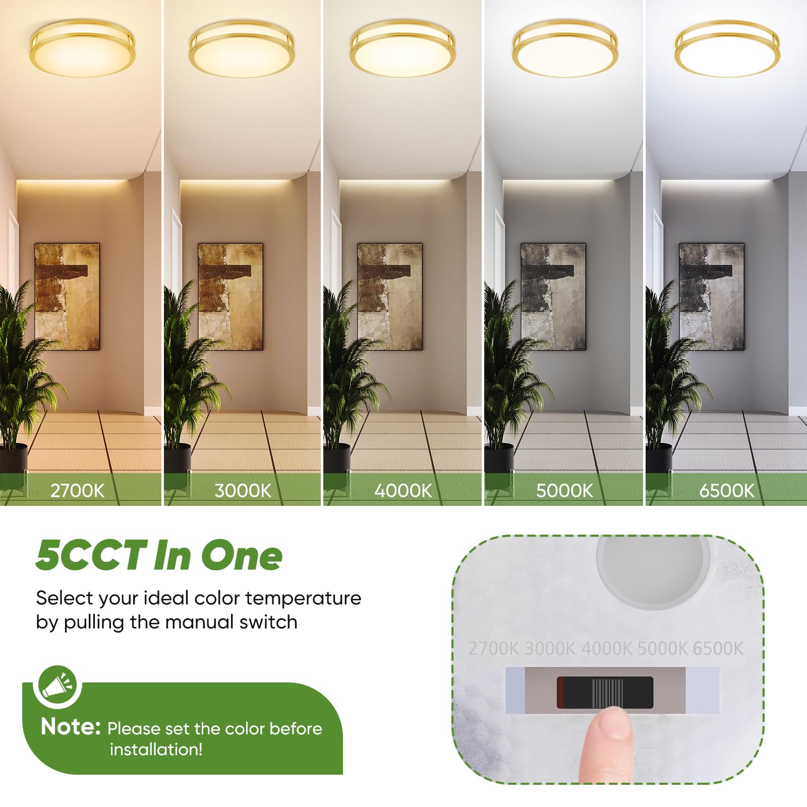 13 Inch Flush Mount Light Fixtures, 2-Pack Gold Led Ceiling Lights With 2700K/3000K/4000K/5000K/6500K 5 Color Temperatures, Mode