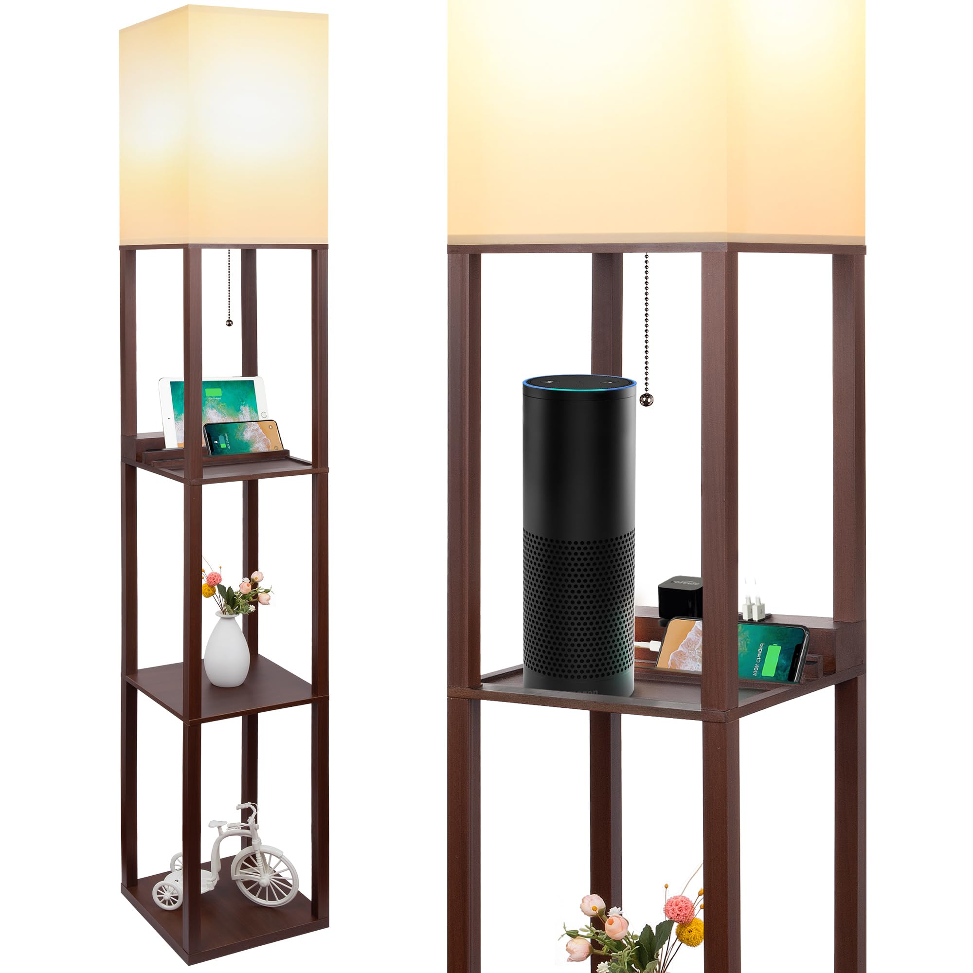 SHINE HAI 3-in-1 Shelf Lamp with USB & Type C Ports, 63 Inch, Engineered Wood, Brown, Model JYF-00453-FL