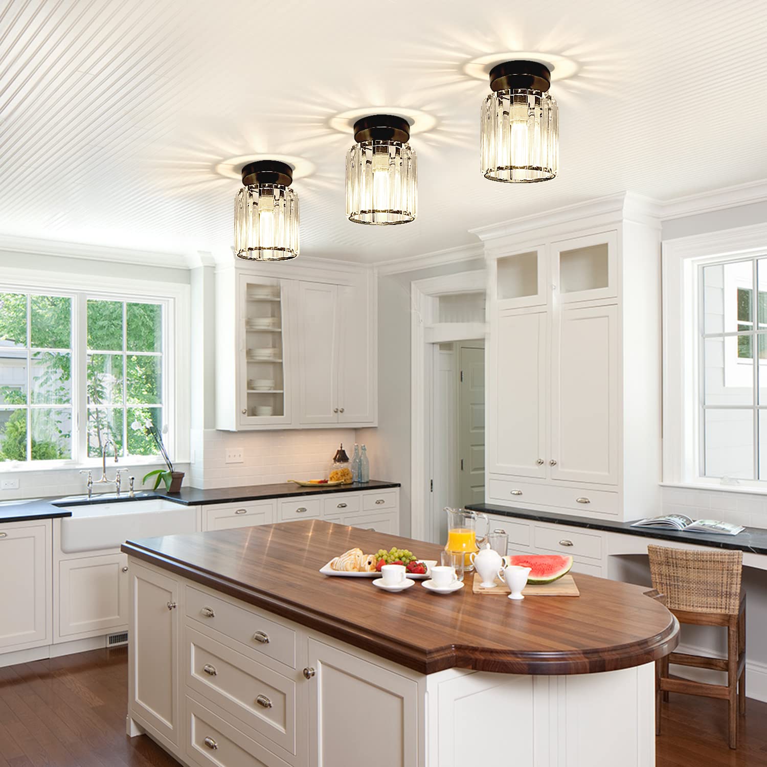 TISLYCO Set of 2 Mini Crystal Ceiling Light Fixtures, Modern Flush Mount, 4.6inx4.7in, Black