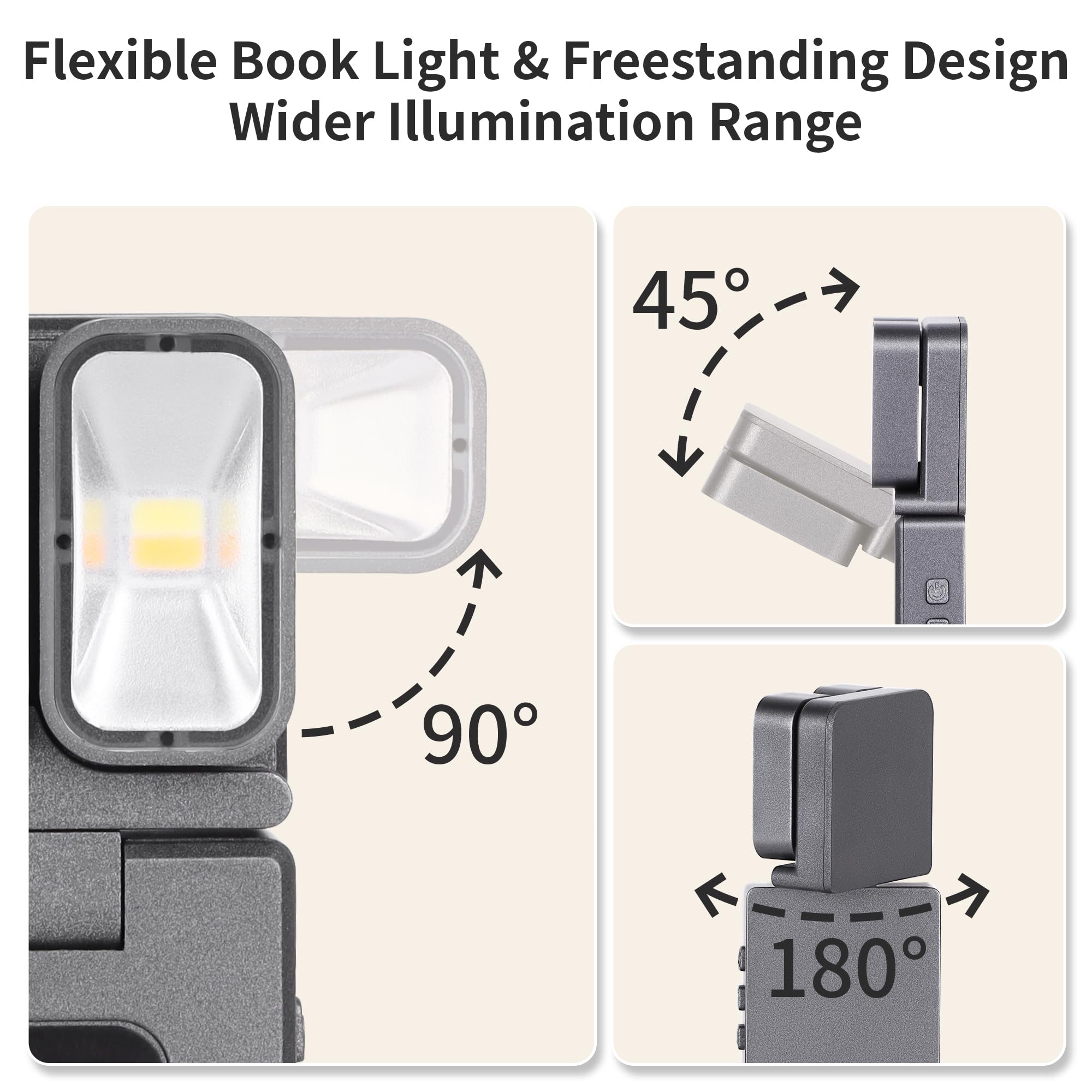 Dott Arts Book Light - 1000mAh Dual-Head LED Reading Lamp, 5 Colors, 6 Brightness Levels, Timer Function, Rechargeable, Black, Model WLM123-B