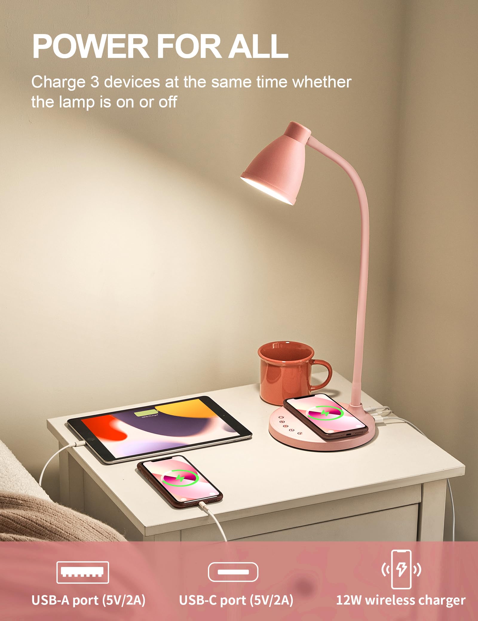 Bohon Cute Desk Lamp With Usb C+A Charging Ports, Wireless Charger Pink Lamp, 5 Colors Stepless Dimming Reading Light, Touch Bed