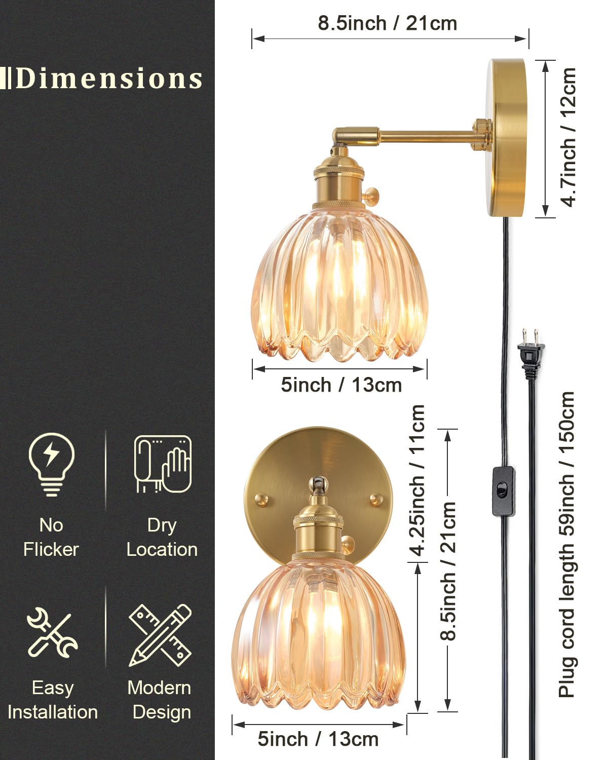Plug In And Hardwired Wall Sconces, Luxury Vintage Tulip Crystal Glass Shade Wall Light With Switch For Bedside Bedroom Living R