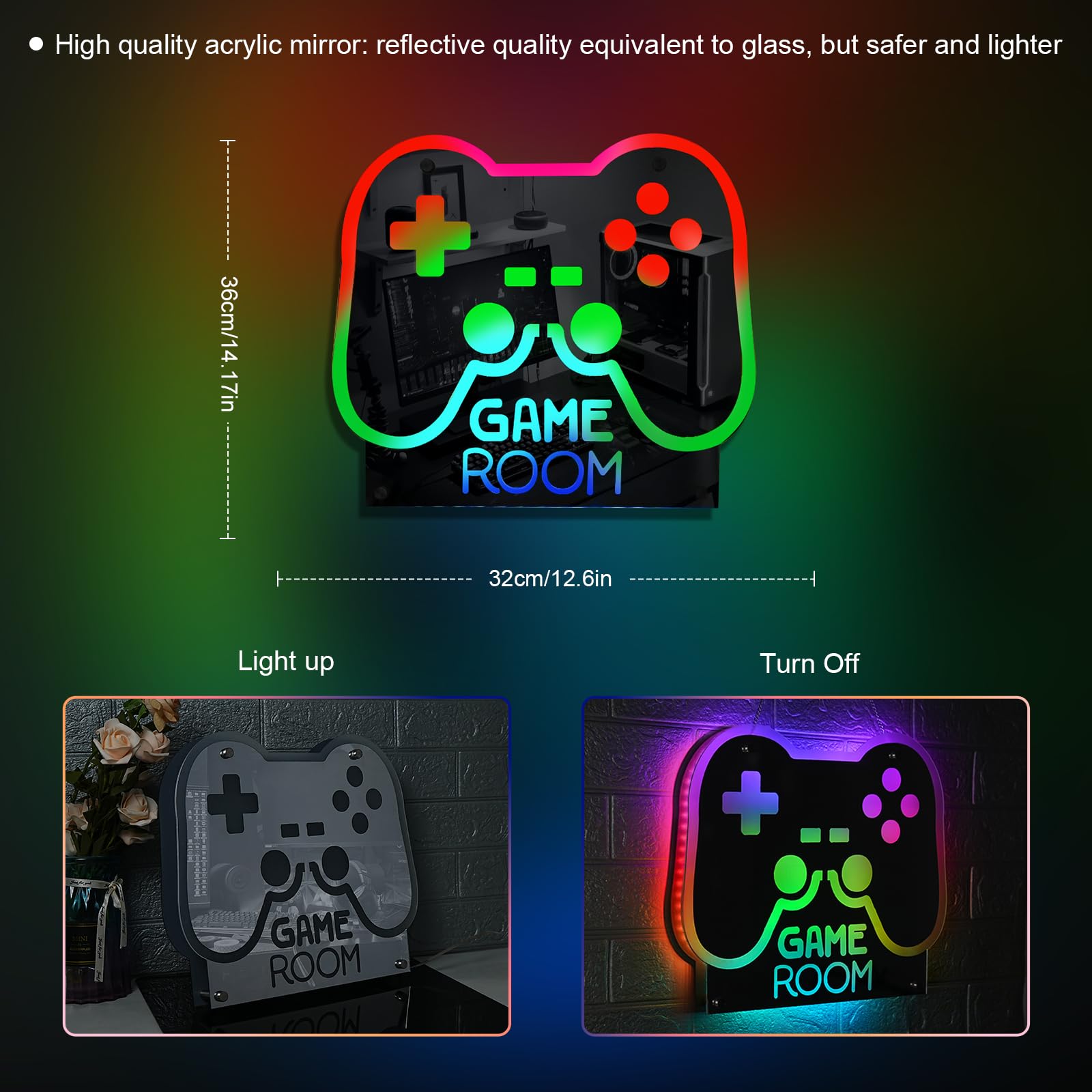 ineonlife LED Game Room Controller Neon Sign - Mirrored Color, 12.6 x 14.17 inches, USB Powered, Perfect for Teen Bedroom Decor
