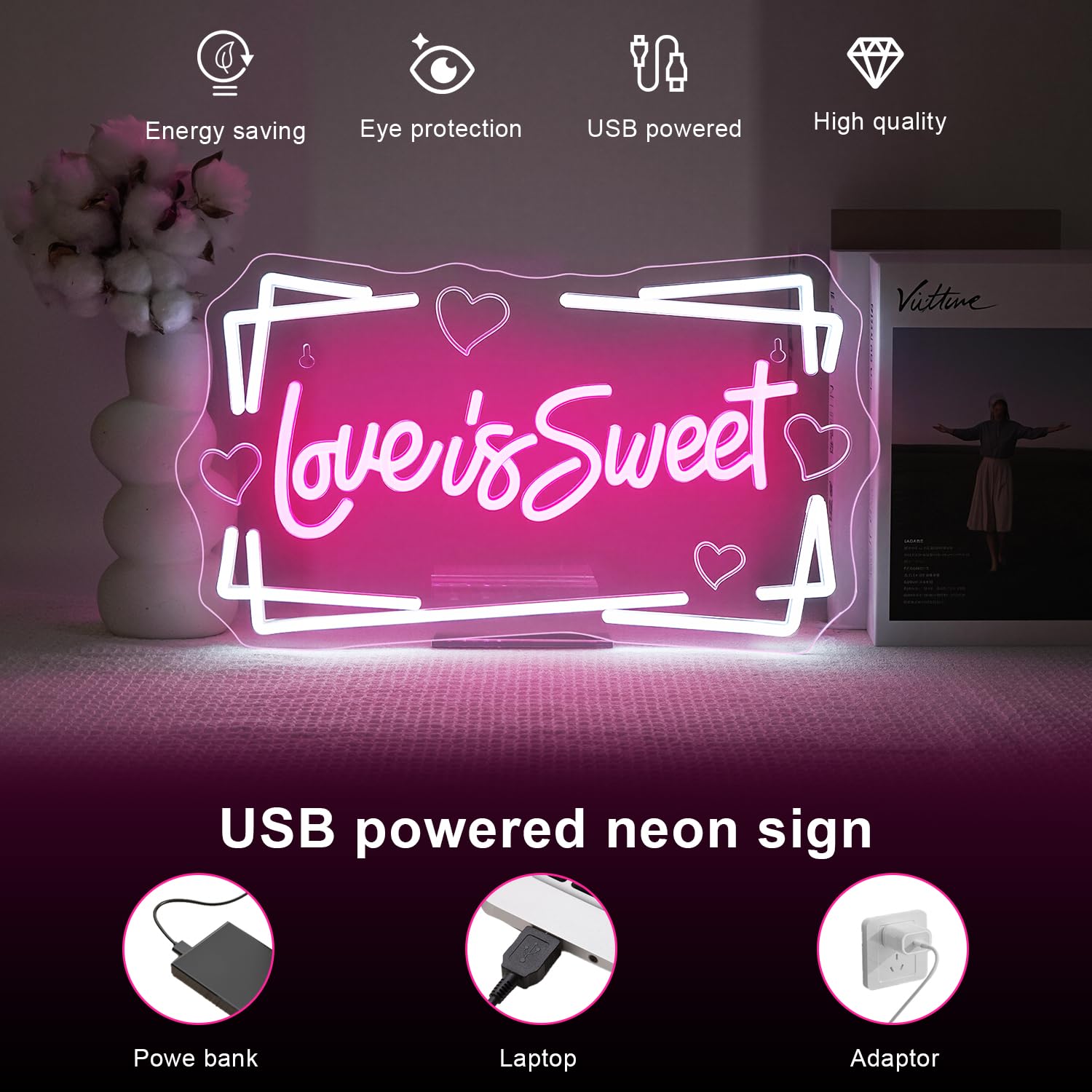 LUCUNSTAR Love is Sweet Neon Sign, LED Light for Wedding Decor, USB Connectivity, Dimming Switch, Love-Pink
