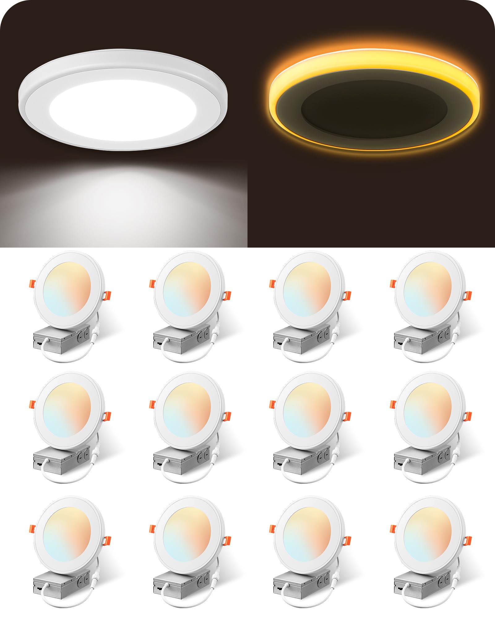 EDISHINE 12 Pack 6 Inch Recessed Lighting with Night Light, 5CCT Dimmable LED Recessed Lighting, 13W 1100LM CRI 90+, Canless Lig