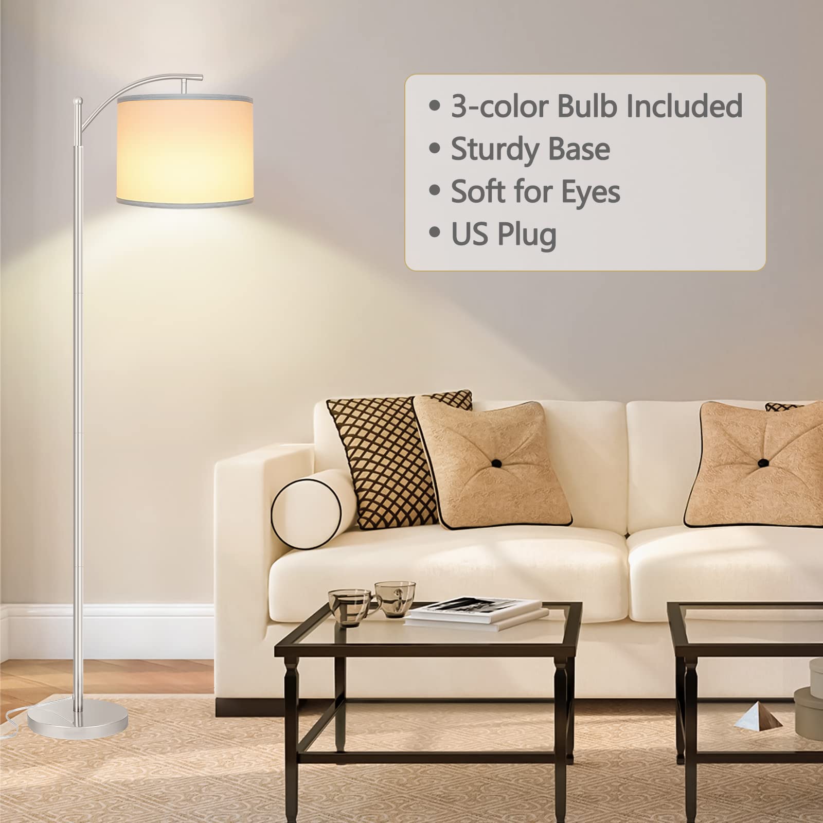 ROTTOGOON Floor Lamp, 3 Color Temperatures LED Bulb, Metal, Silver, Model: floorlamp0123