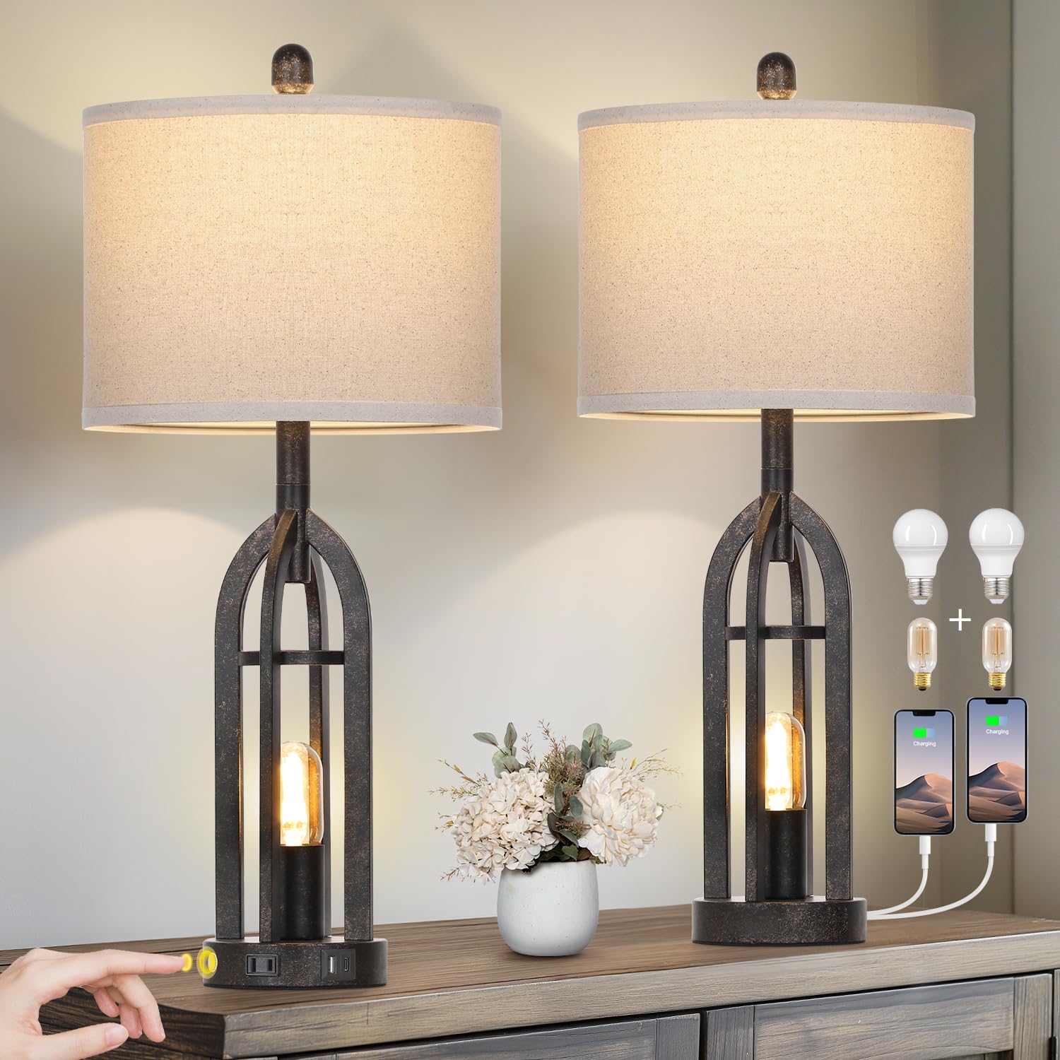 Cinyirong 27'' Rustic Table Lamps for Living Room - Farmhouse Lamps Set of 2 with USB C+A & Outlet, 3-Way Dimmable Touch Lamps f