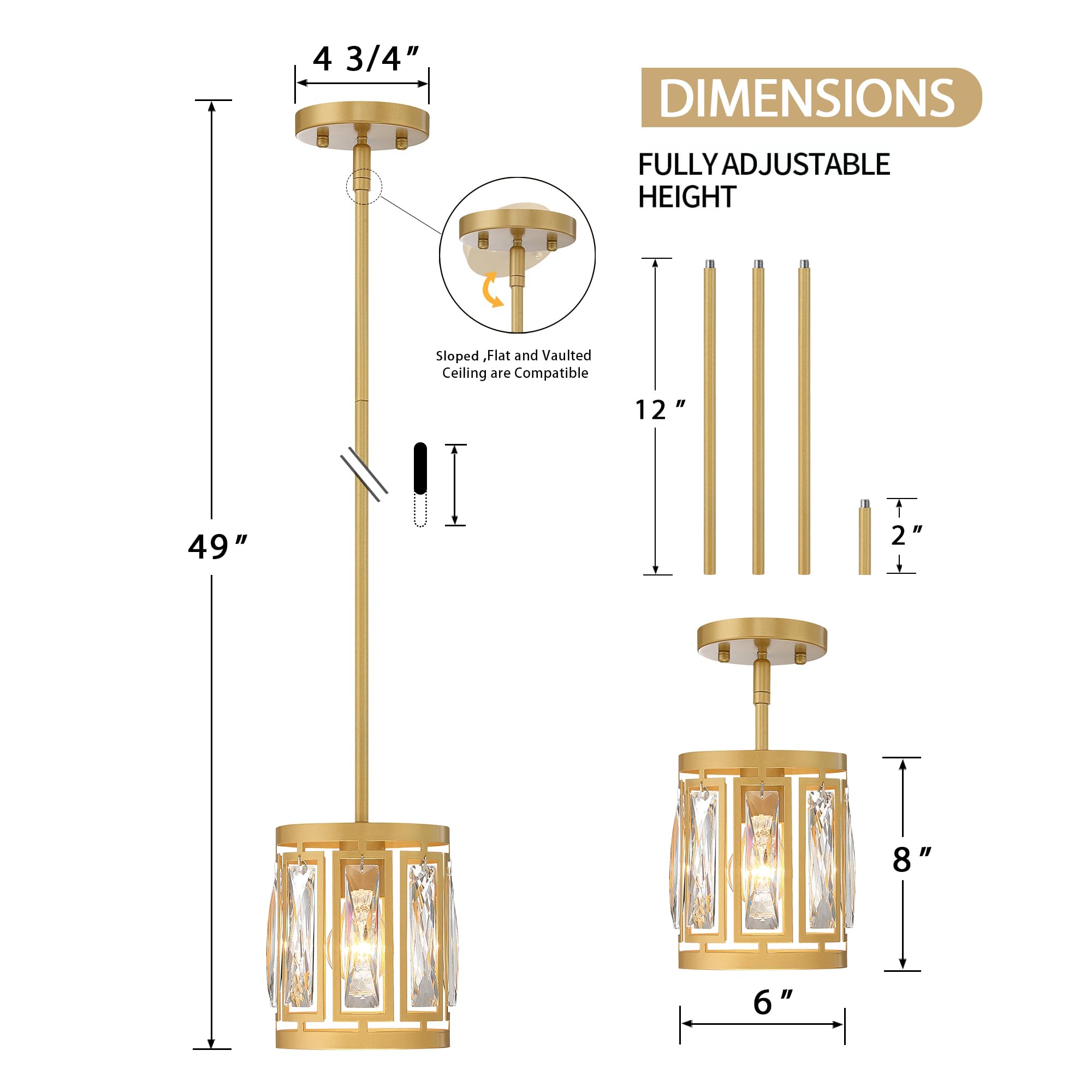 2 Pack Gold Pendant Lights Kitchen Island, Crystal Pendant Light, Adjustable Hanging Light Fixture For Dining Room, Living Room,