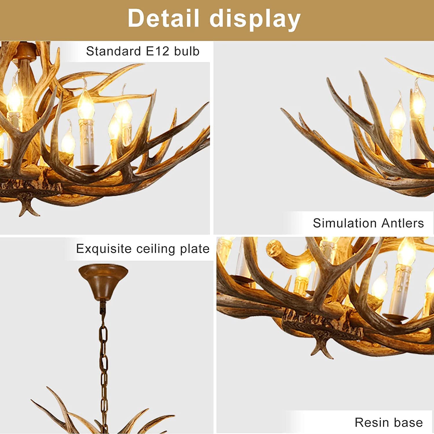 AUNLPB 8-Light Antler Chandelier, Rustic Deer Horn Light Fixture, Brown Resin, 14 Arms for Dining Room, Kitchen, Cafe