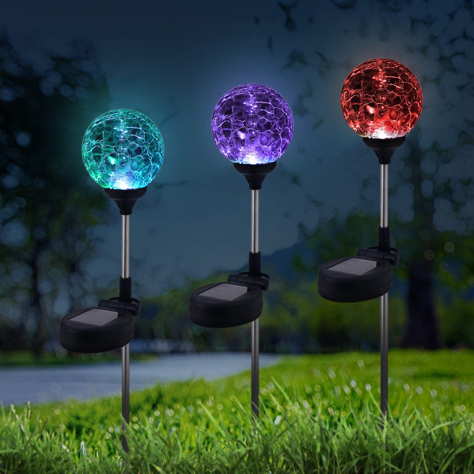 WNP Solar Outdoor Lights - 6 Pack Color-Changing Cracked Glass Globe Stakes for Garden, Waterproof Decorative Solar Pathway Lights
