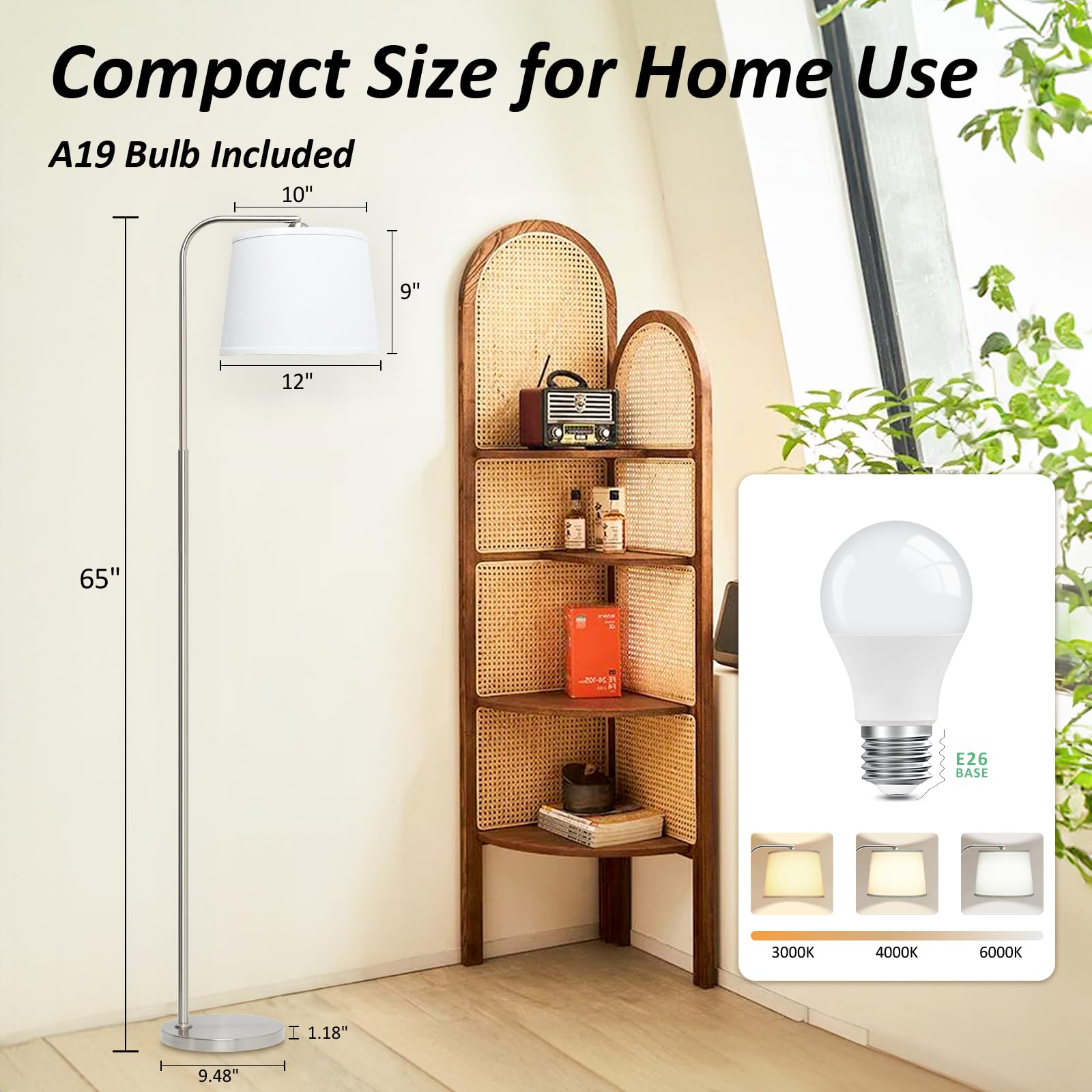 AKASUKI Floor Lamp with 3 Color Temperatures, 21.46inD x 12.01inW x 65.35inH, Metal, Silver Base - White Shade, Model LT
