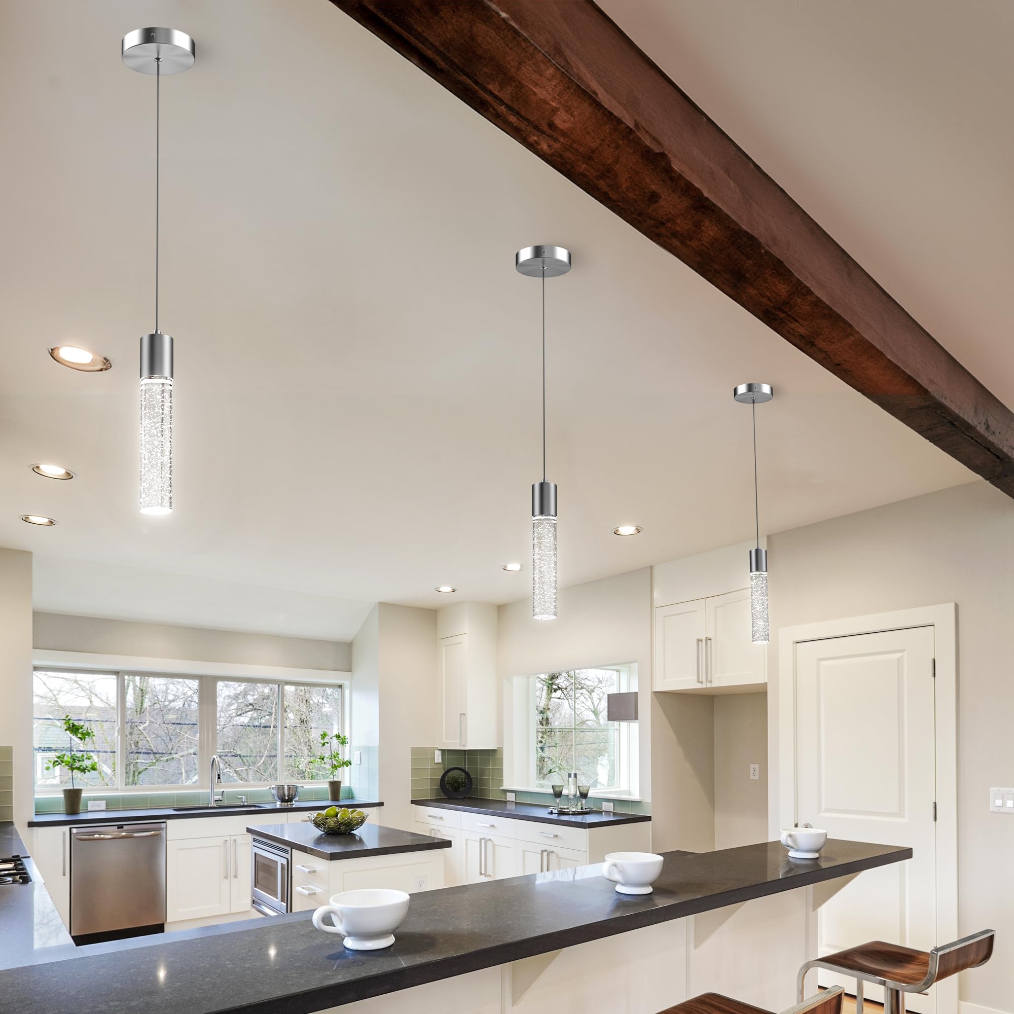 Esfos Pendant Lights 3 Pack, 6500K LED Crystal Bubble, Brushed Nickel, Model L11-3-WT-LS for Kitchen Island & Dining Room