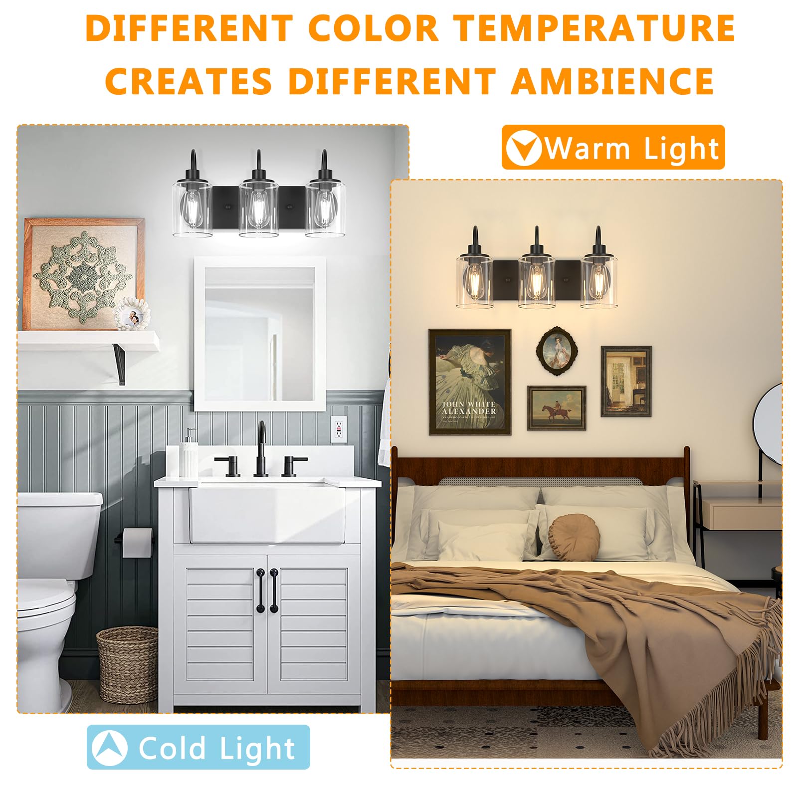 Baocuz 3-Light Bathroom Light Fixtures, Black Vanity Light Farmhouse Wall Sconces With Clear Glass Shade, Modern Bathroom Wall L