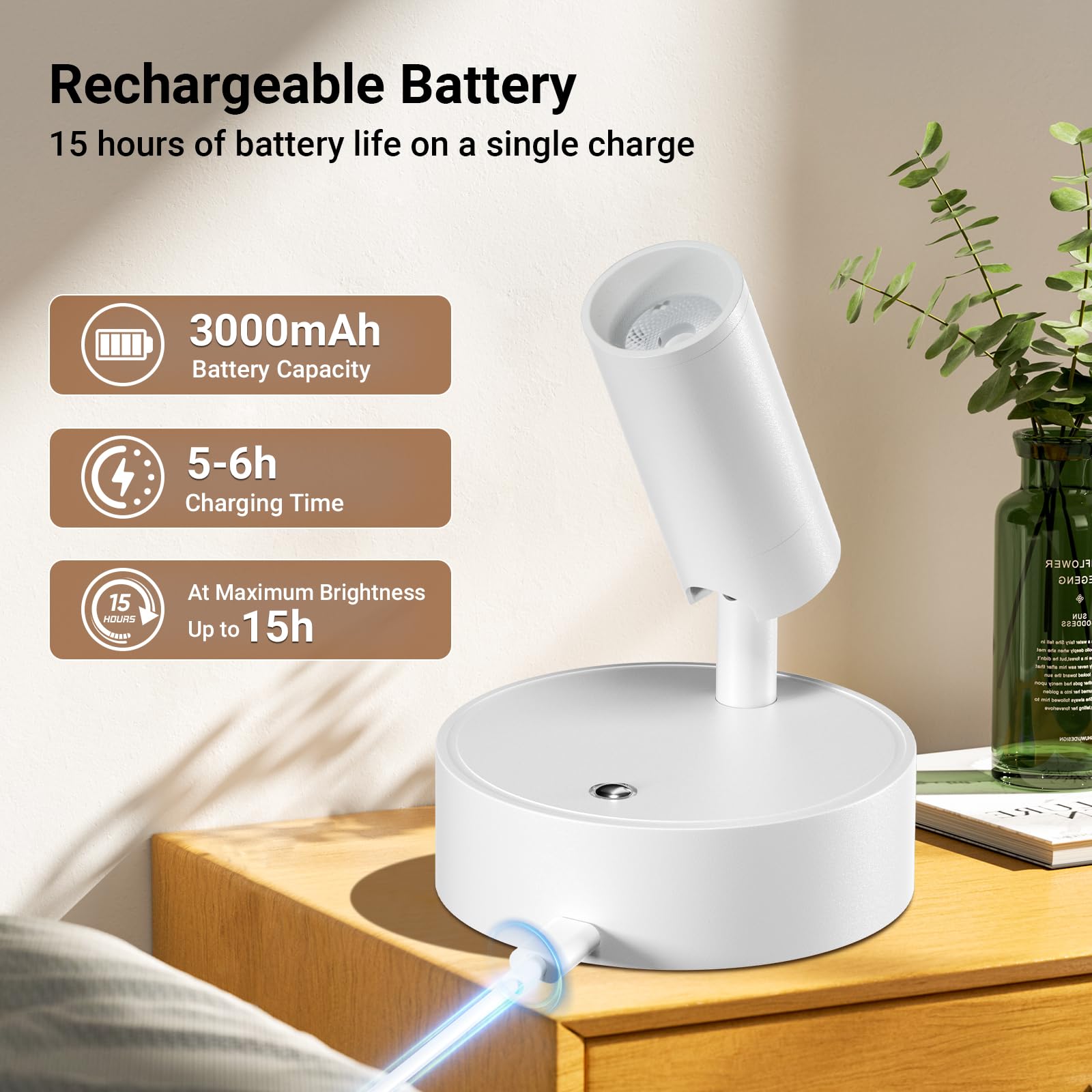 Taofiaco Wireless Led Spotlight Indoor, Plant Spotlight Indoor With Remote Dimmable, 360 Rotate, Rechargeable Uplighting Battery